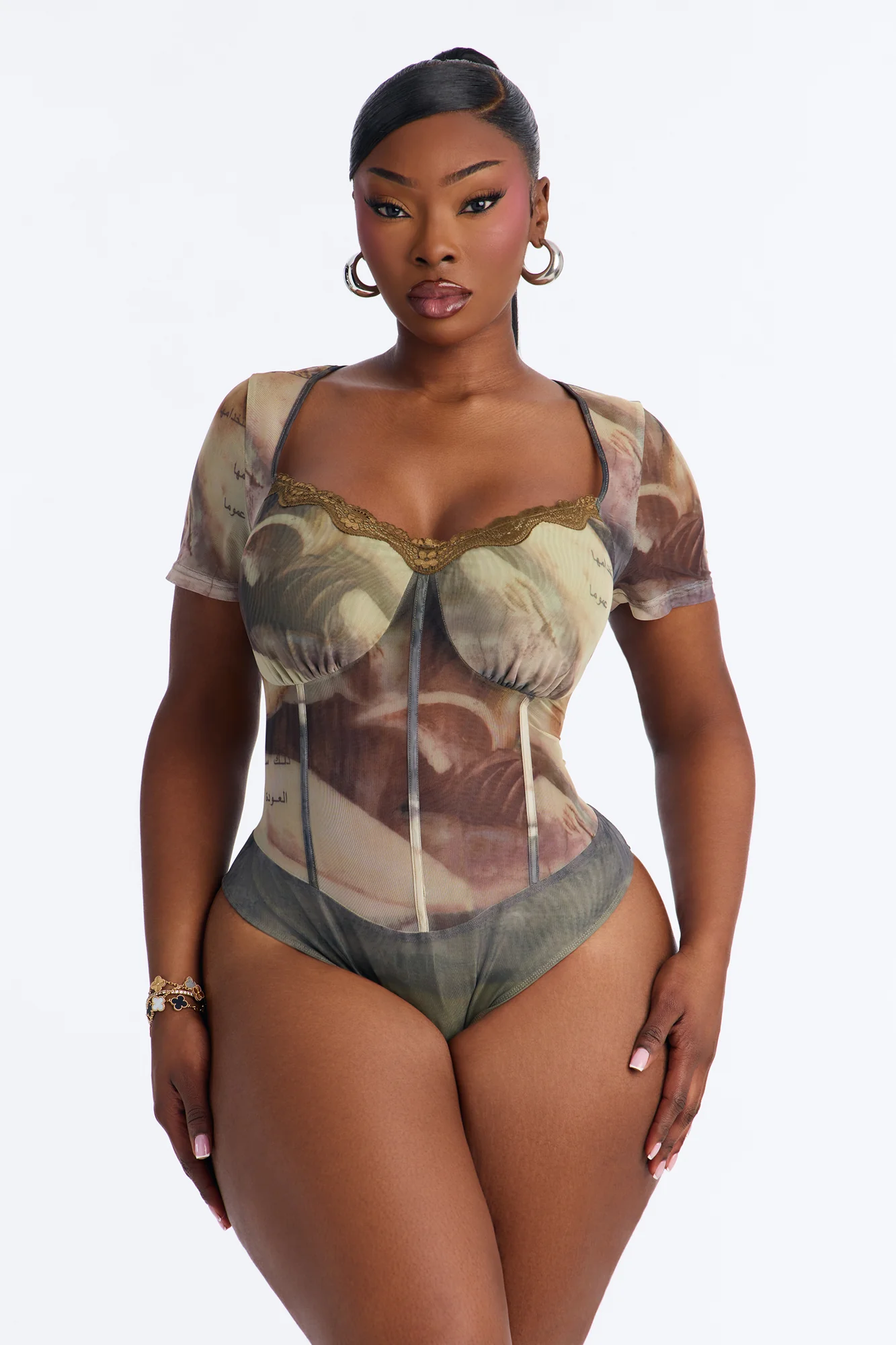 Midnight Fantasy Mesh Short Sleeve Bodysuit - Green/combo - Image 6