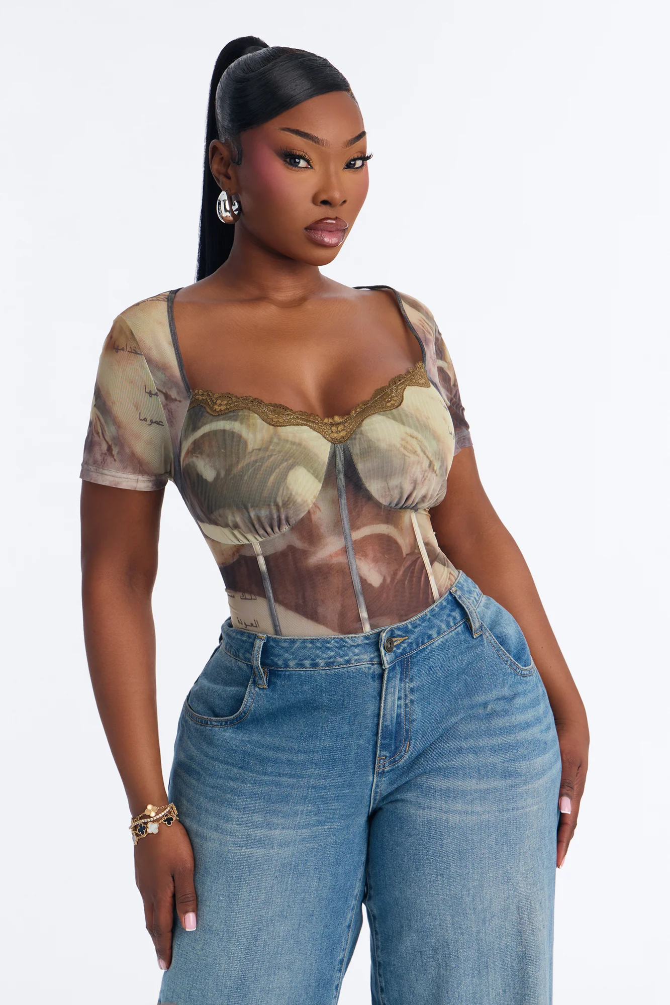 Midnight Fantasy Mesh Short Sleeve Bodysuit - Green/combo - Image 8