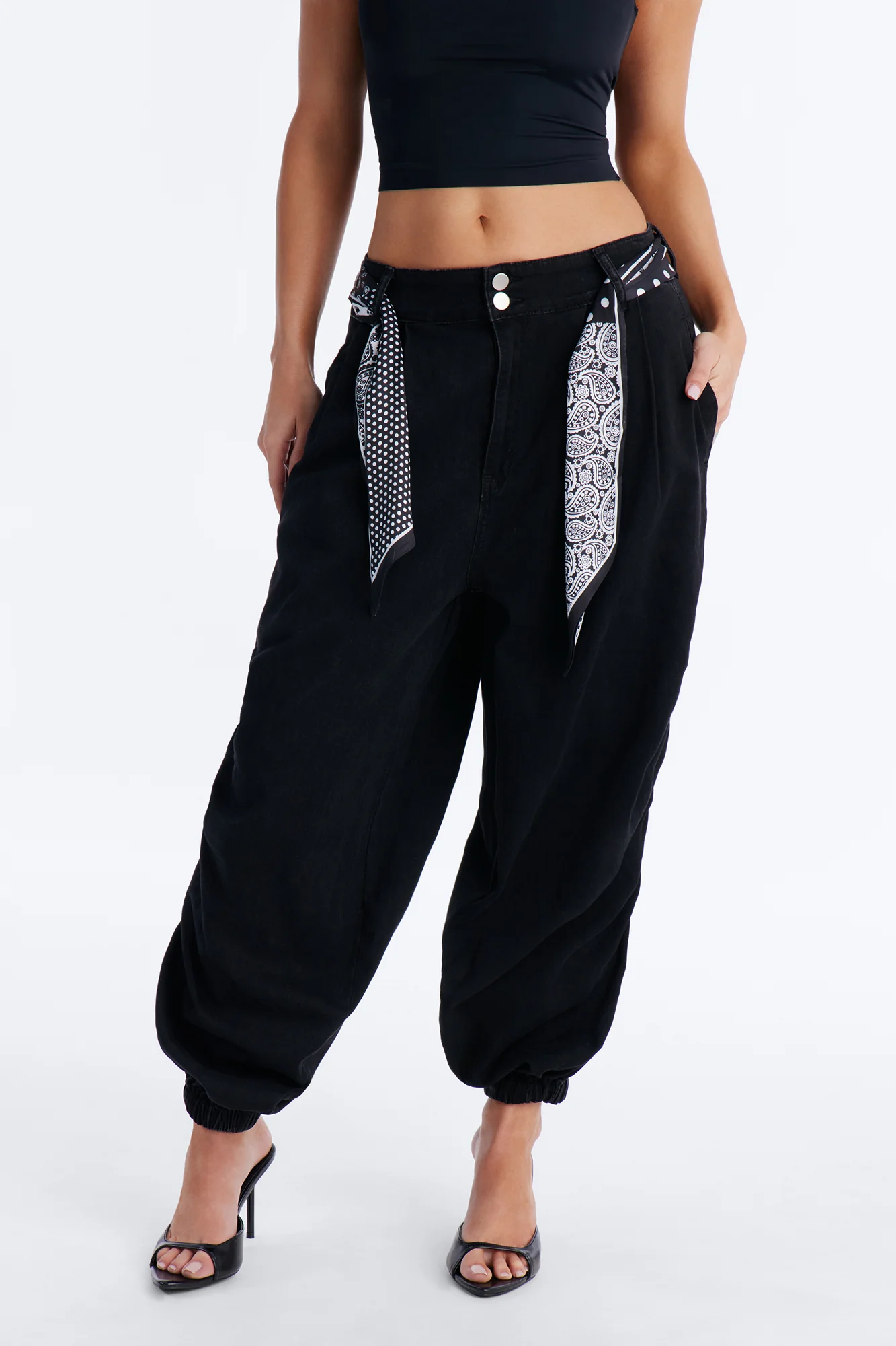 Midnight In Mykonos Scarf Belted Jogger Jeans - Black