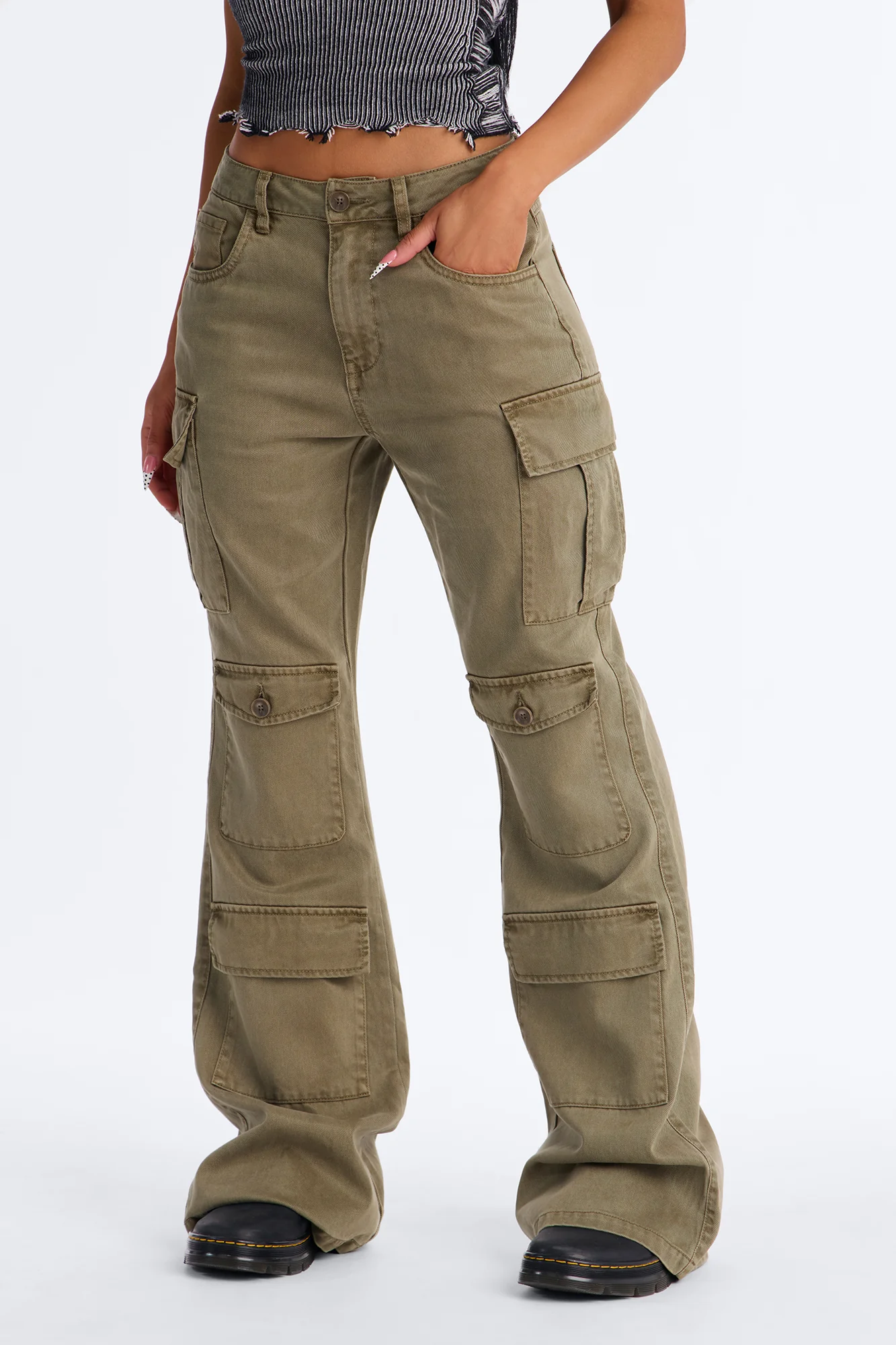 Midnight Market Washed Cargo Flare Pant 33″ - Olive - Image 2