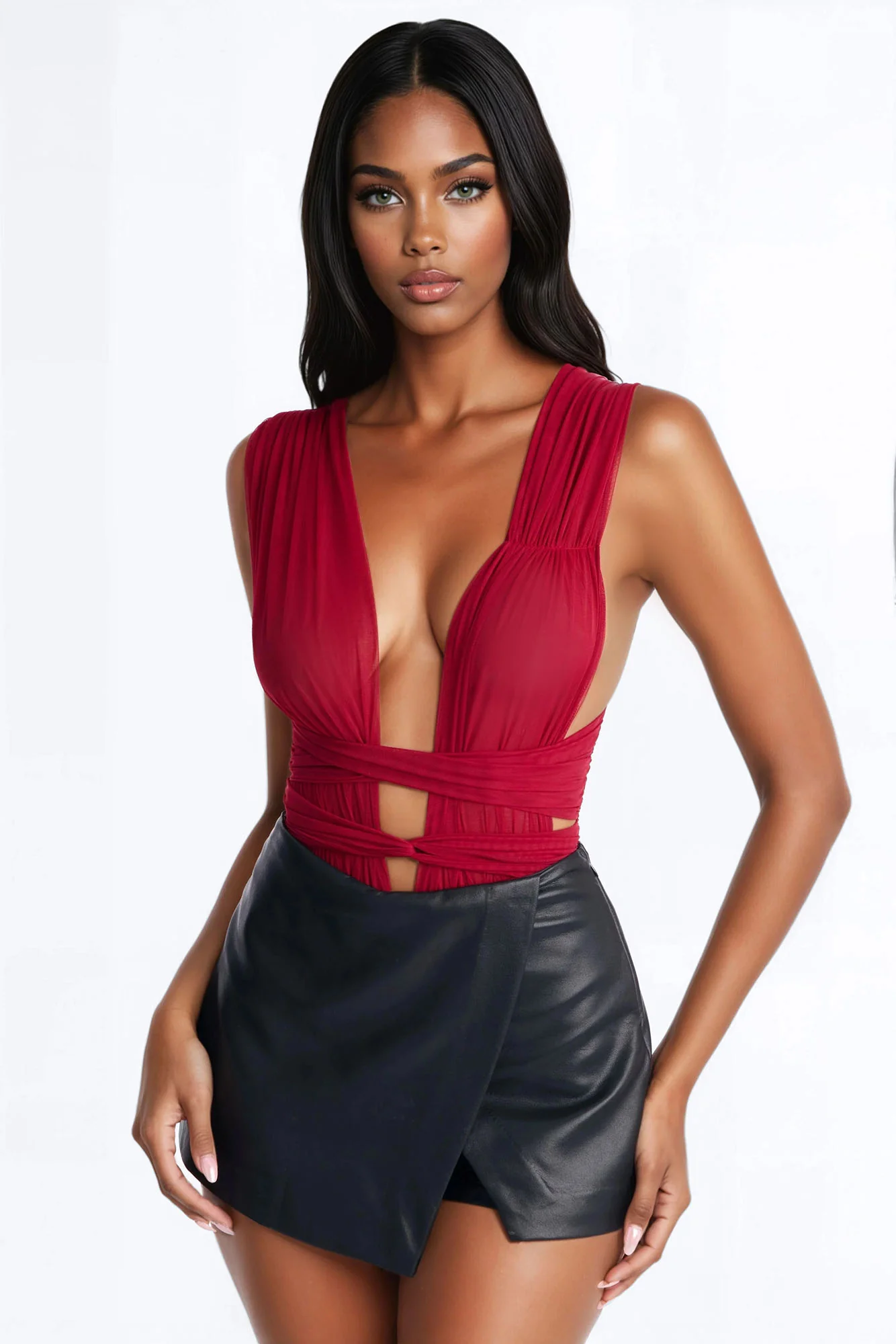 Midnight Siren Mesh Deep V-Neck Ruched Bodysuit - DarkRed - Image 3