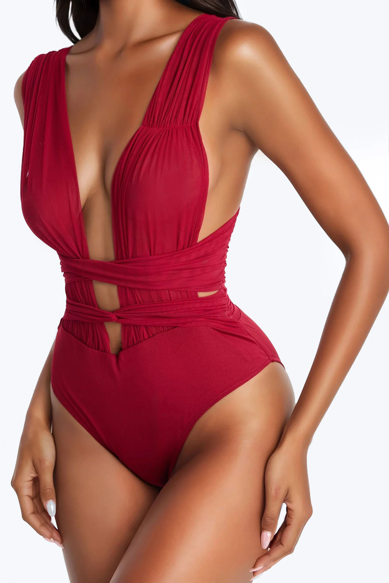 Midnight Siren Mesh Deep V-Neck Ruched Bodysuit - DarkRed - Image 4