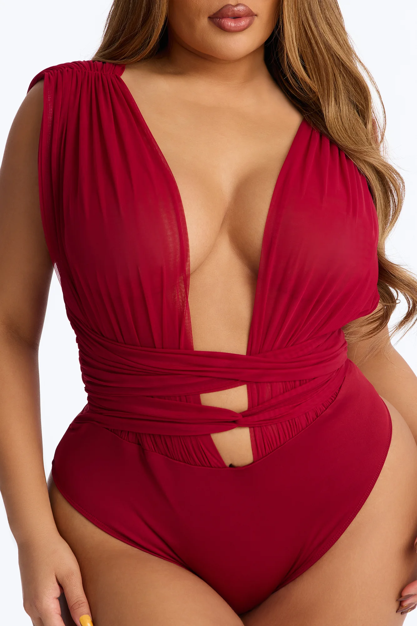 Midnight Siren Mesh Deep V-Neck Ruched Bodysuit - DarkRed - Image 6
