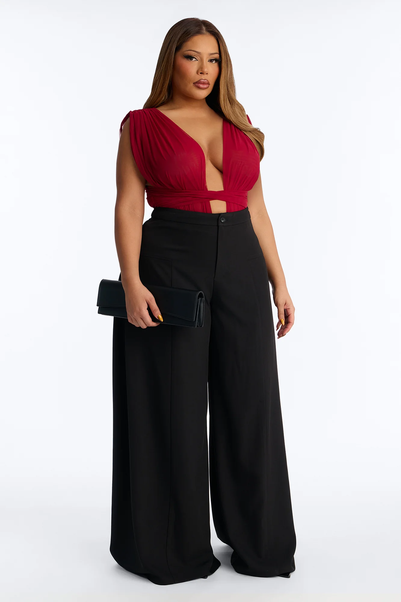 Midnight Siren Mesh Deep V-Neck Ruched Bodysuit - DarkRed - Image 7