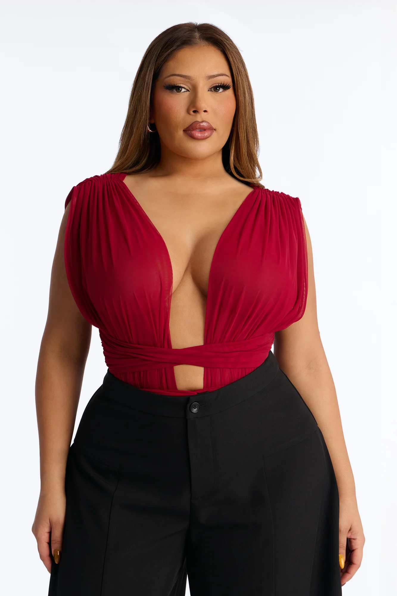 Midnight Siren Mesh Deep V-Neck Ruched Bodysuit - DarkRed - Image 8