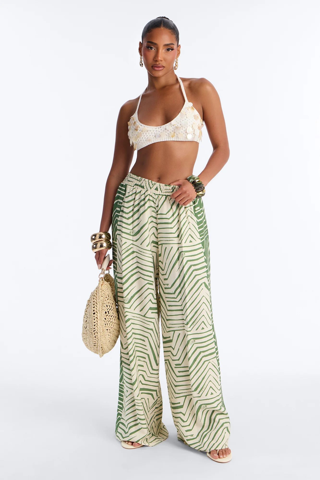 Miffy Mid Rise Smocked Wide Leg Pant - Green/combo