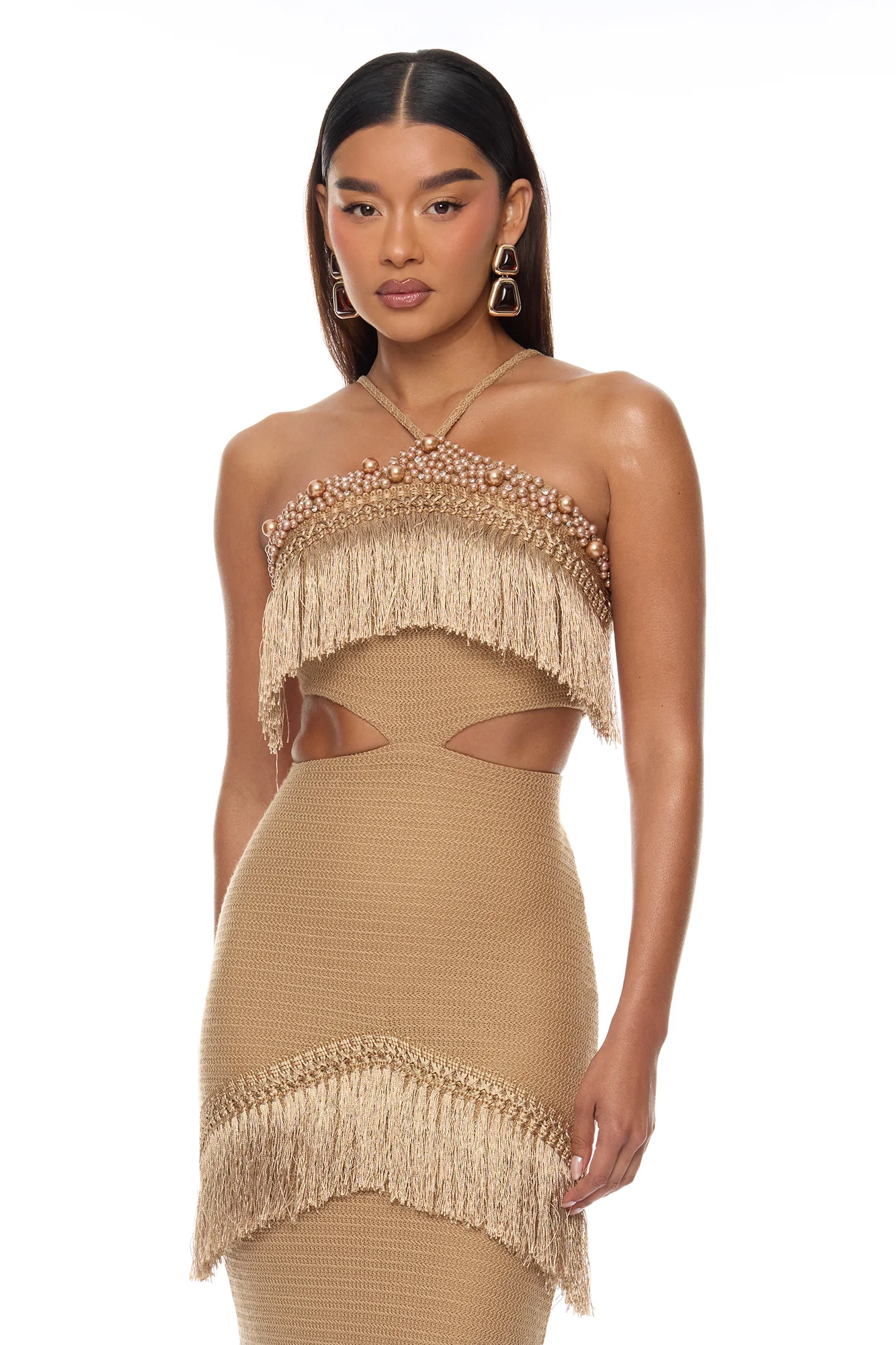 Mika Embellished Fringe Crochet Maxi Dress - Brown - Image 2