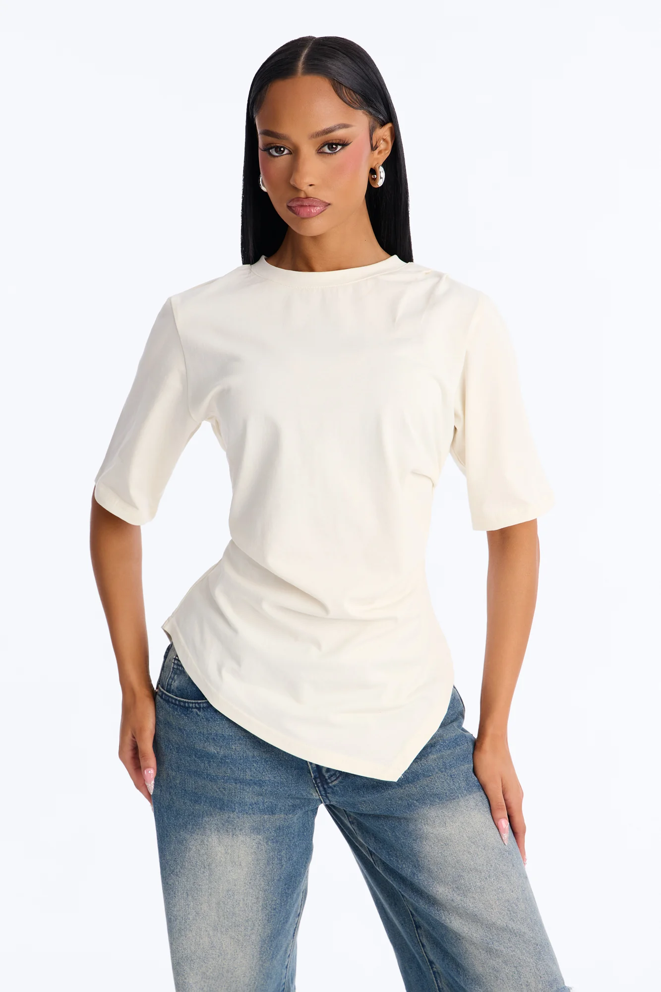 Mila Cinched Waist Asymmetrical T-Shirt - Cream - Image 4