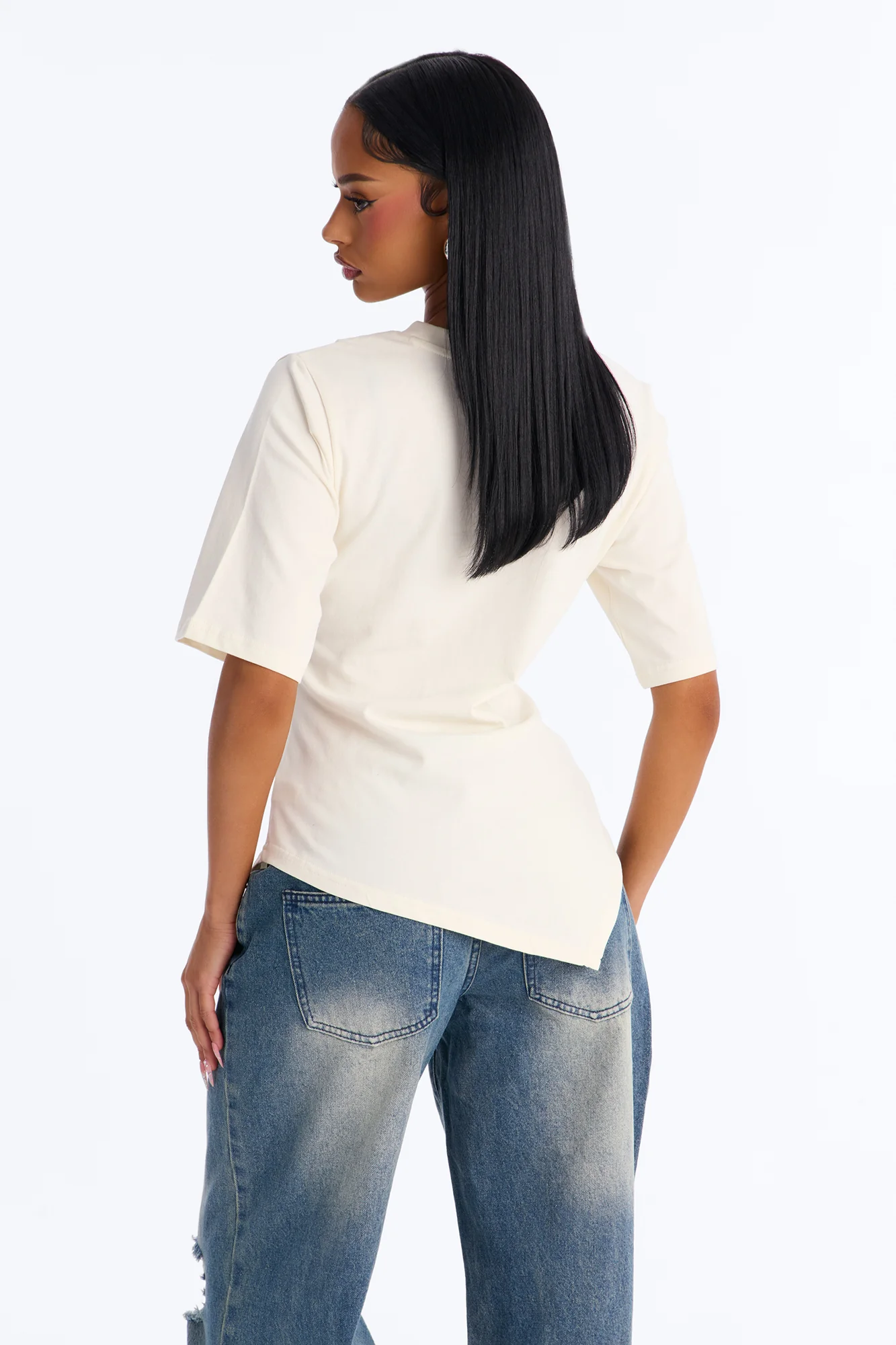 Mila Cinched Waist Asymmetrical T-Shirt - Cream - Image 5