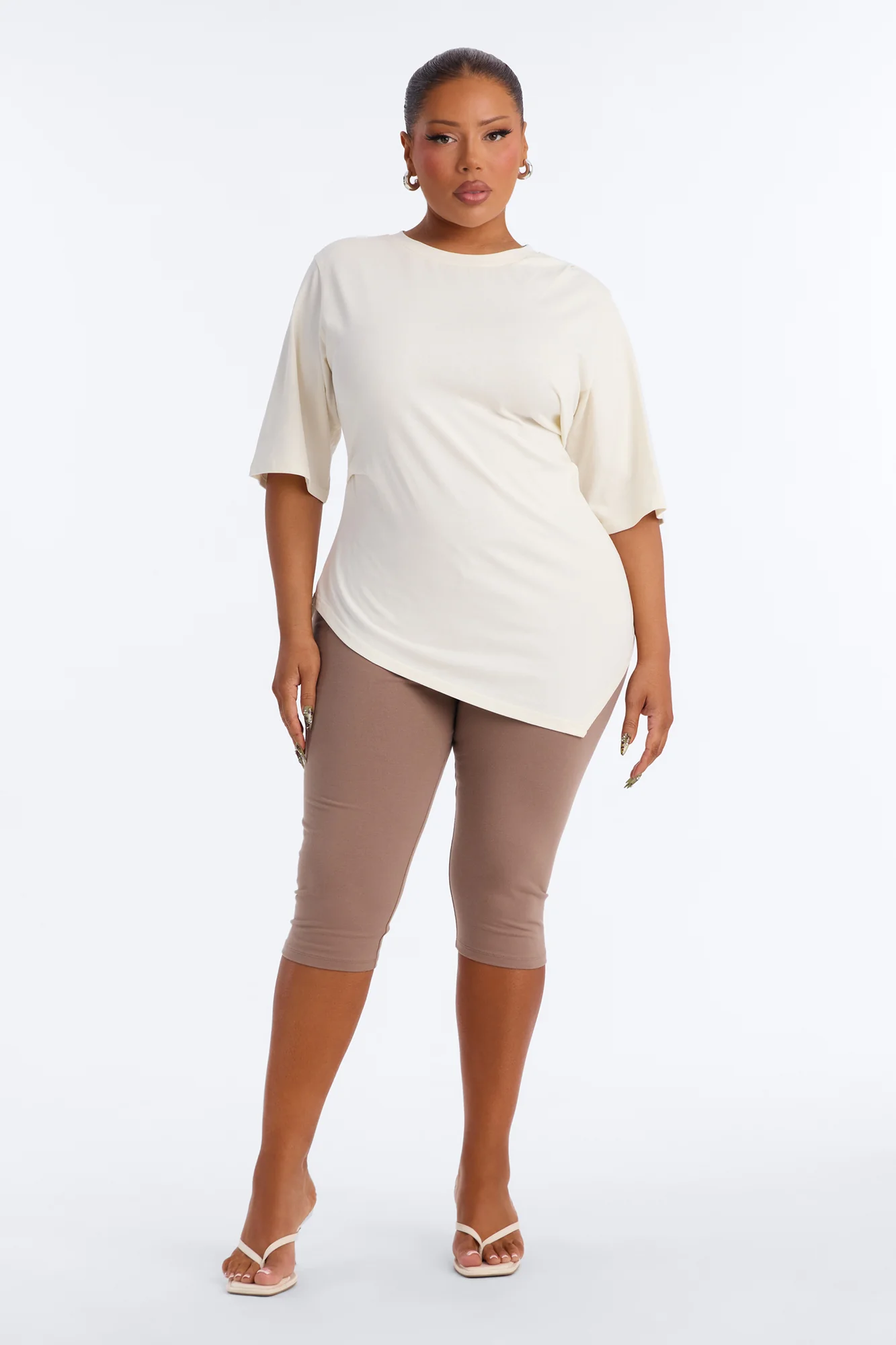 Mila Cinched Waist Asymmetrical T-Shirt - Cream - Image 7