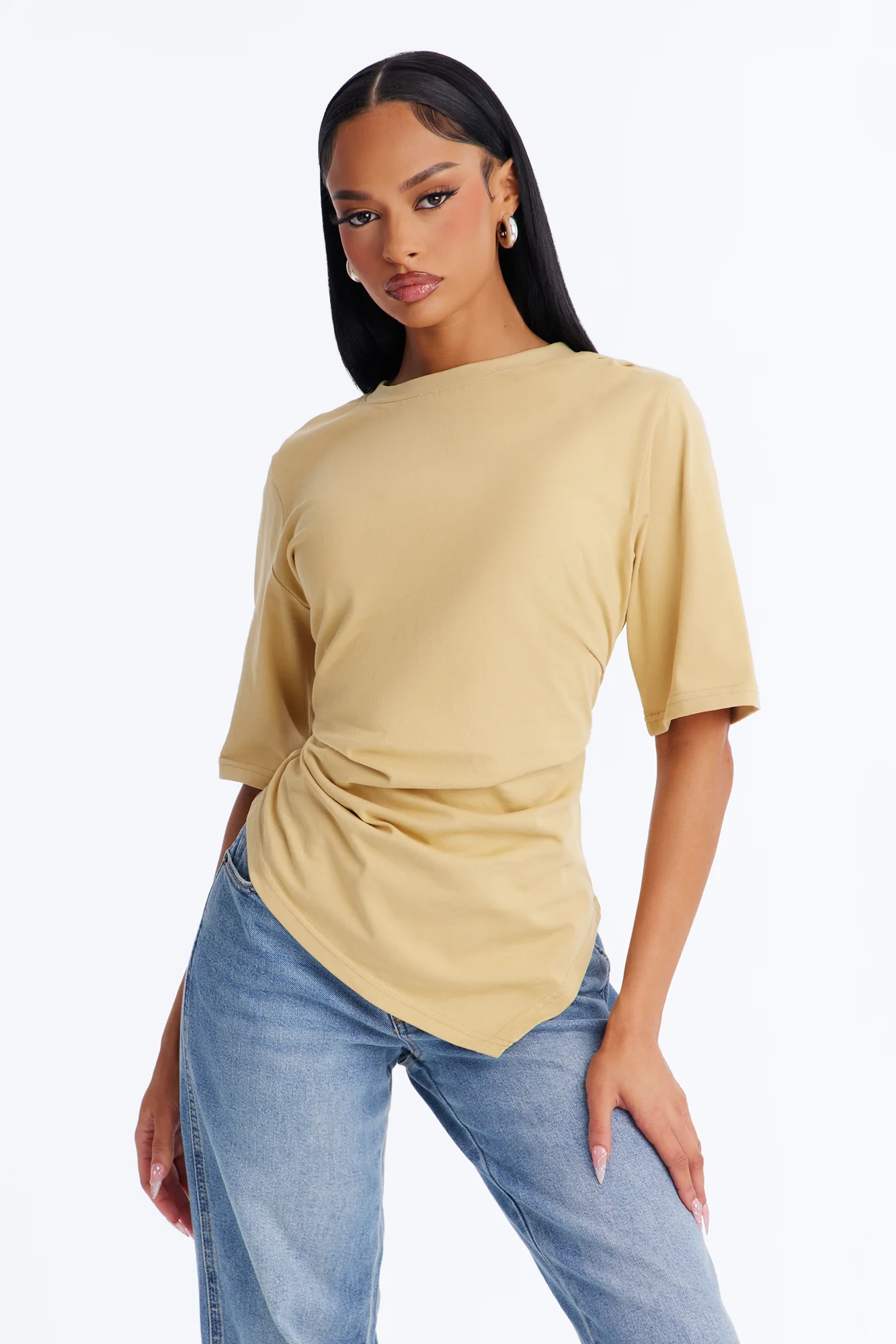 Mila Cinched Waist Asymmetrical T-Shirt - Honey