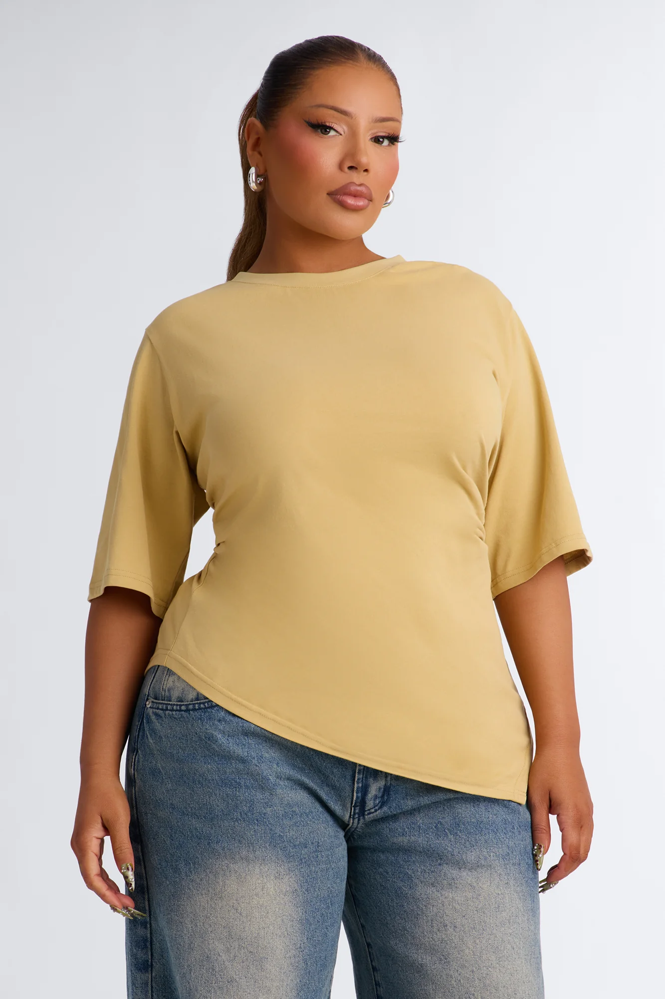 Mila Cinched Waist Asymmetrical T-Shirt - Honey - Image 5