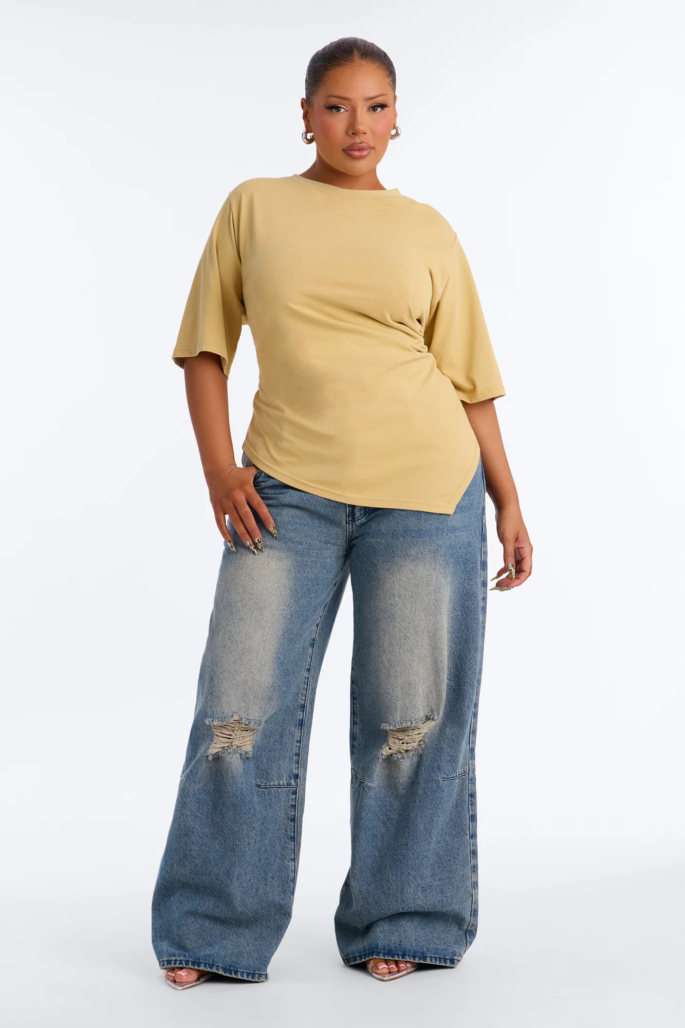 Mila Cinched Waist Asymmetrical T-Shirt - Honey - Image 6