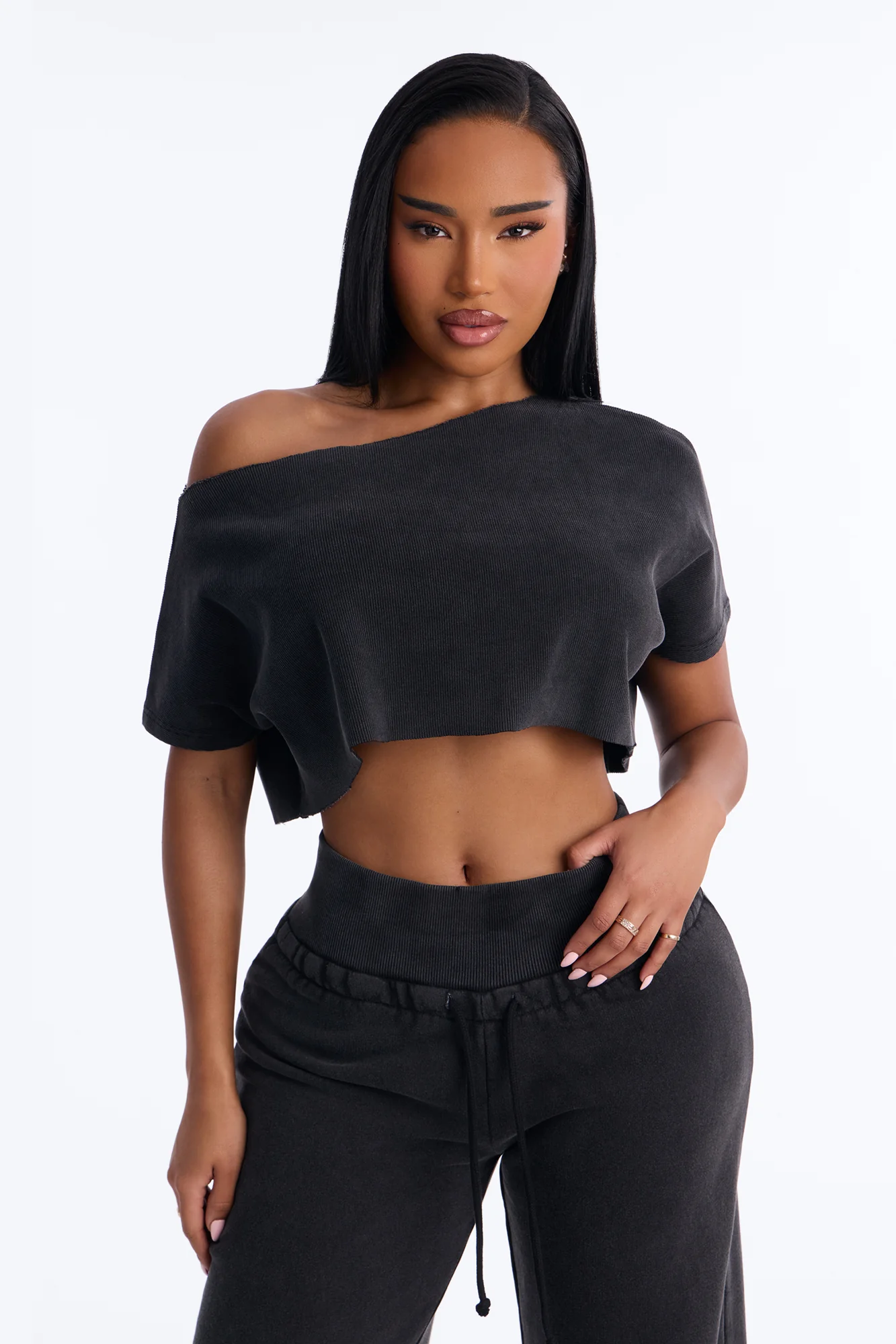 Mila Off Shoulder Top And Sweatpant Set - Charcoal - Image 2