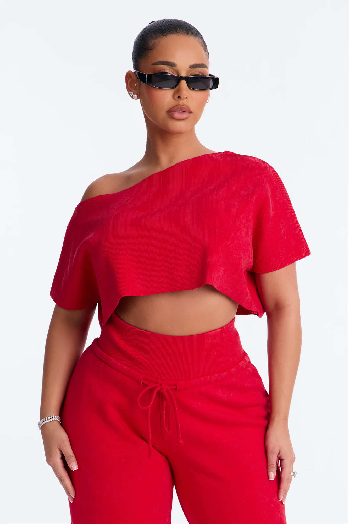 Mila Off Shoulder Top And Sweatpant Set - Red - Image 2