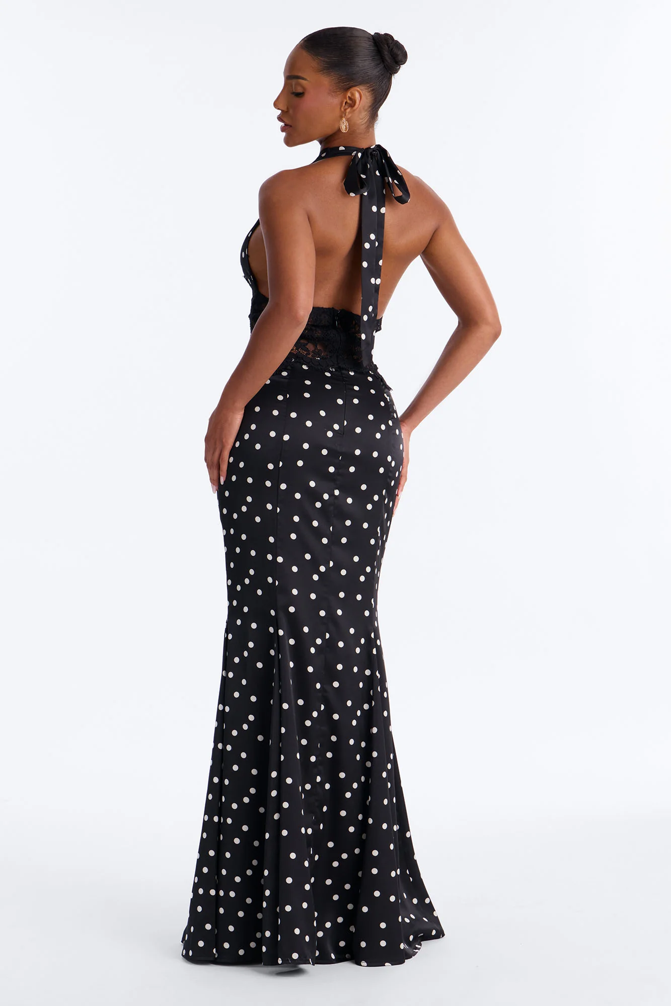 Mila Polka Dot Satin Maxi Dress - Black/White - Image 4