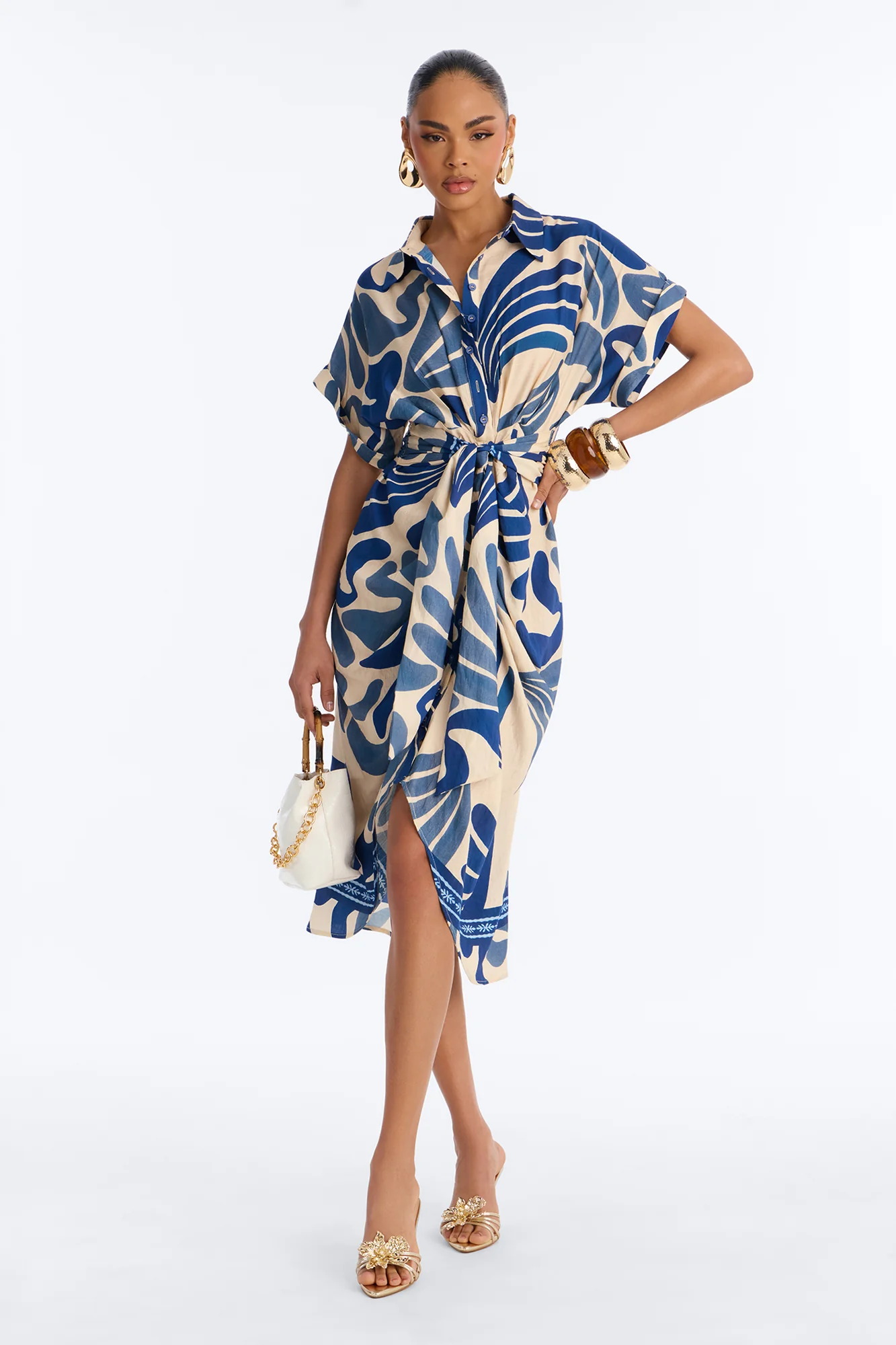 Milani Printed Shirt Midi Dress - White/Blue