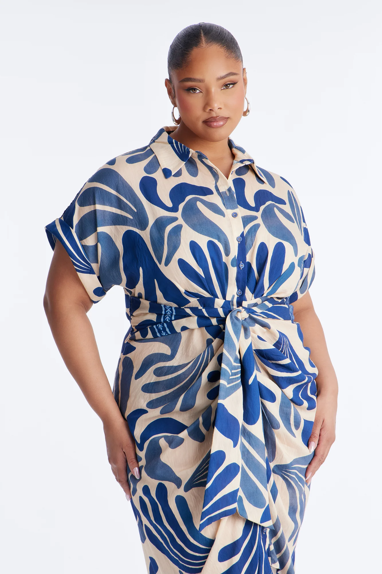 Milani Printed Shirt Midi Dress - White/Blue - Image 6