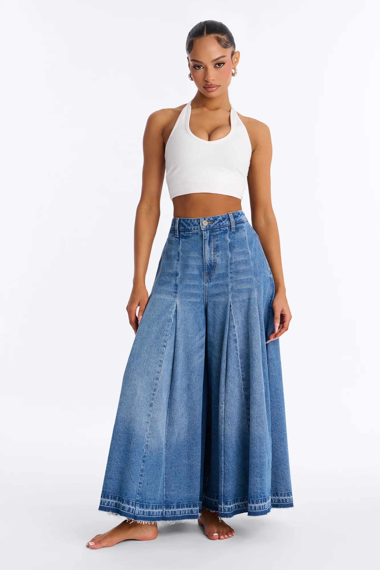 Milano Pleated Denim Culotte Jeans - Medium Wash