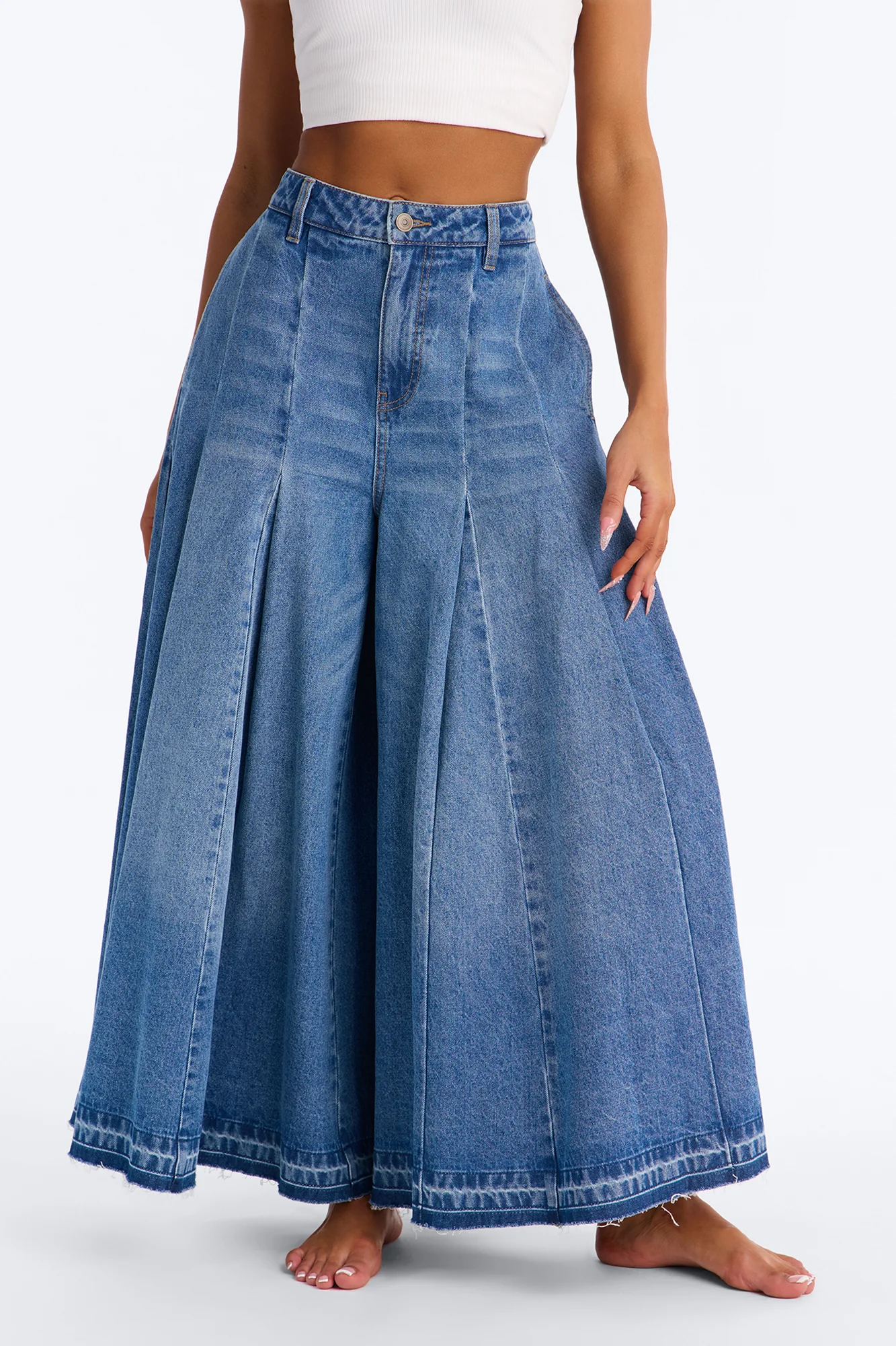 Milano Pleated Denim Culotte Jeans - Medium Wash - Image 2