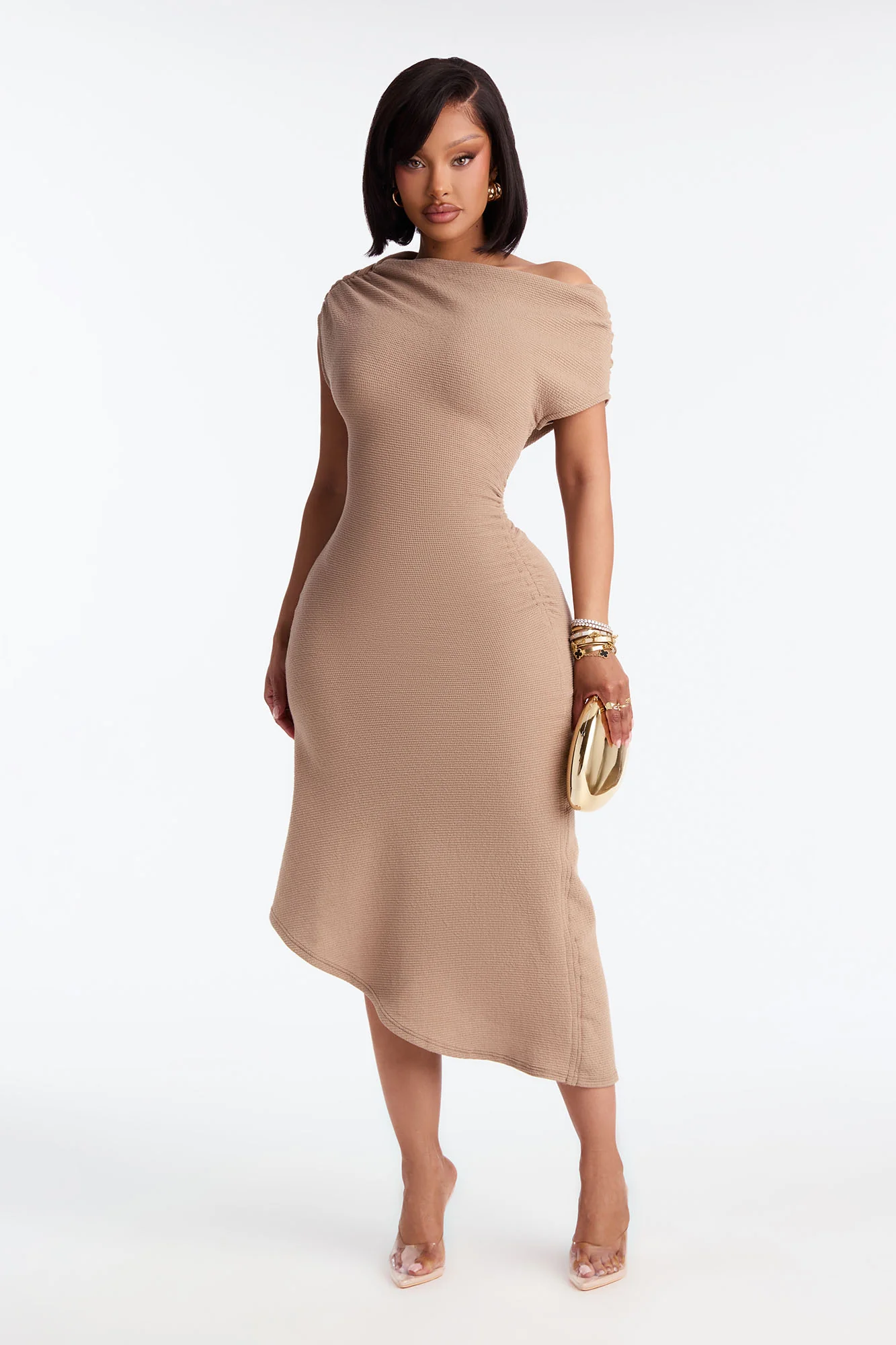 Milena Asymmetrical Textured Midi Dress - Taupe