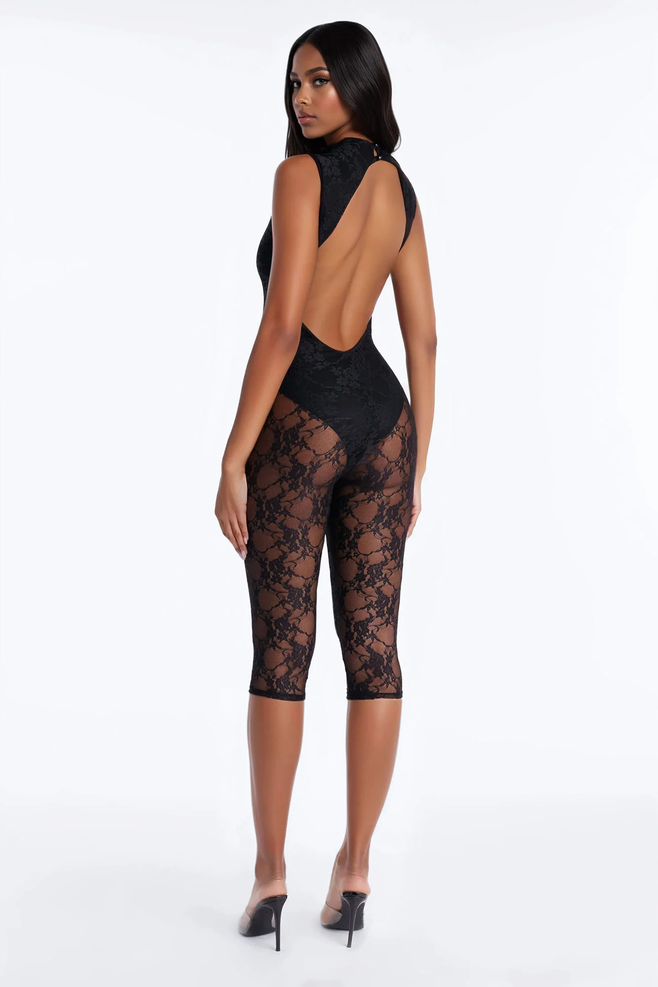 Miley Backless Lace Capri Catsuit - Black - Image 4