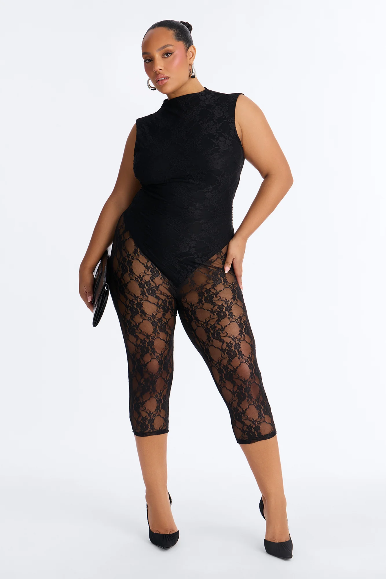 Miley Backless Lace Capri Catsuit - Black - Image 5