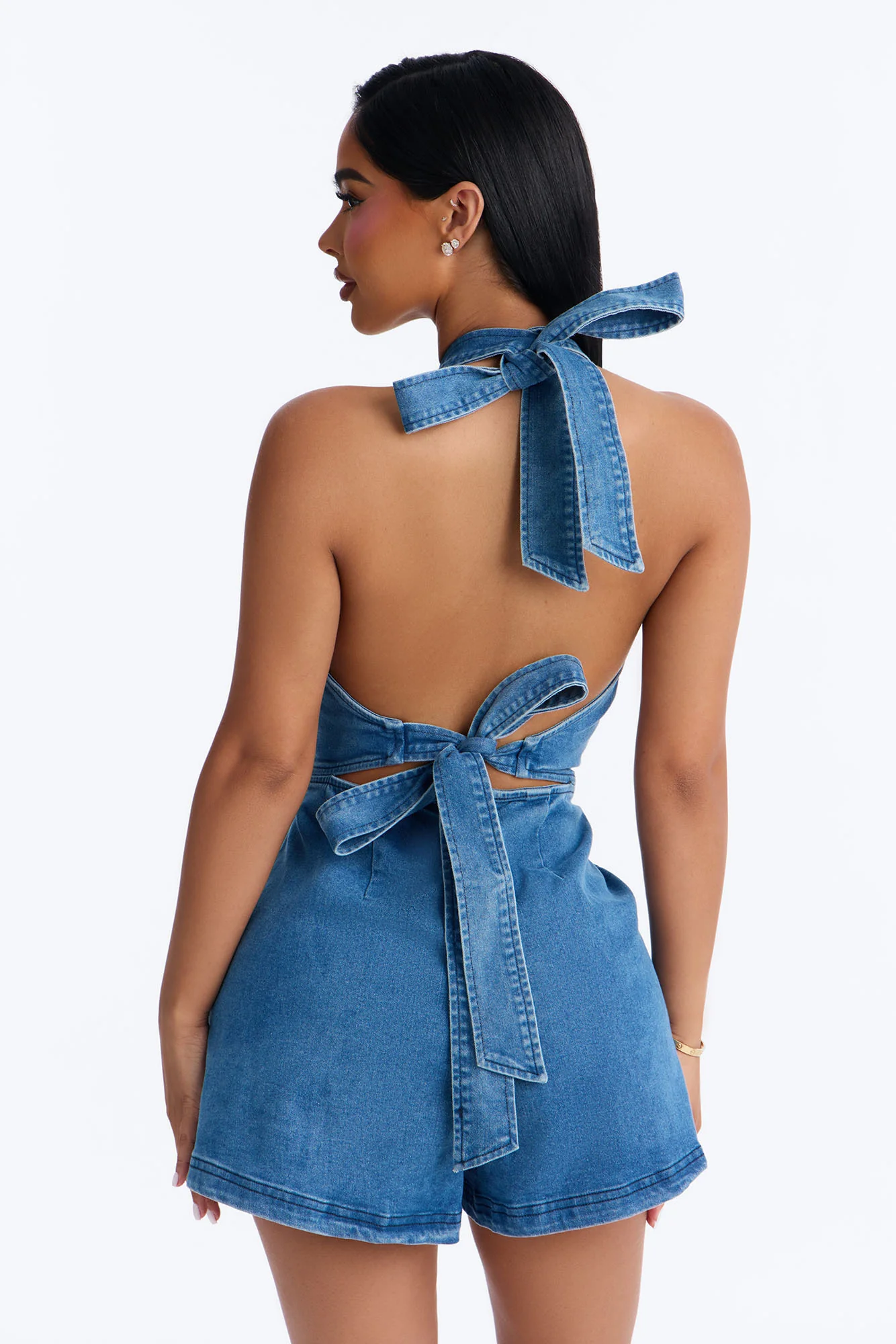 Miley Denim Halter Romper - Medium Wash - Image 3