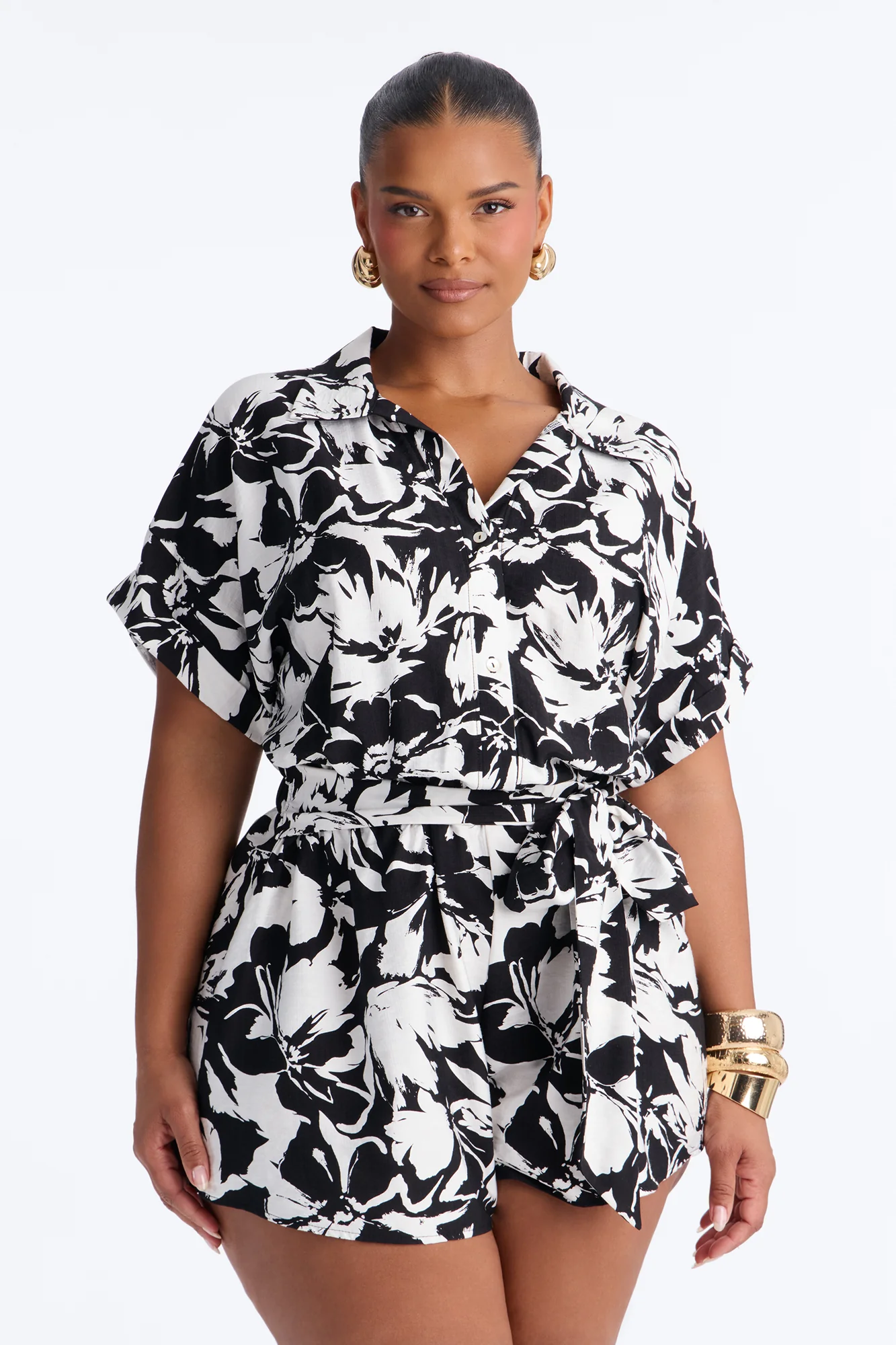 Miley Linen Floral Romper - Black/White - Image 6