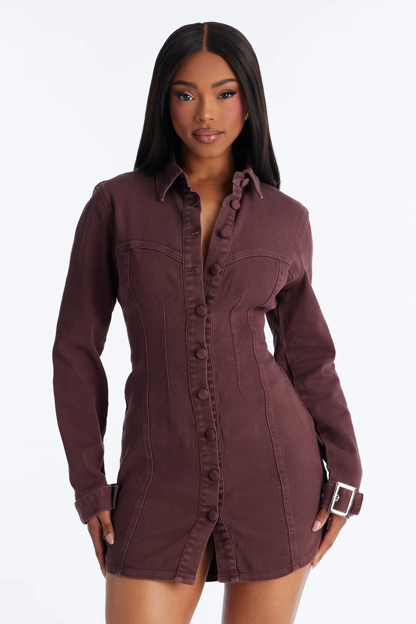 Miley Long Sleeve Denim Mini Dress - Brown - Image 2