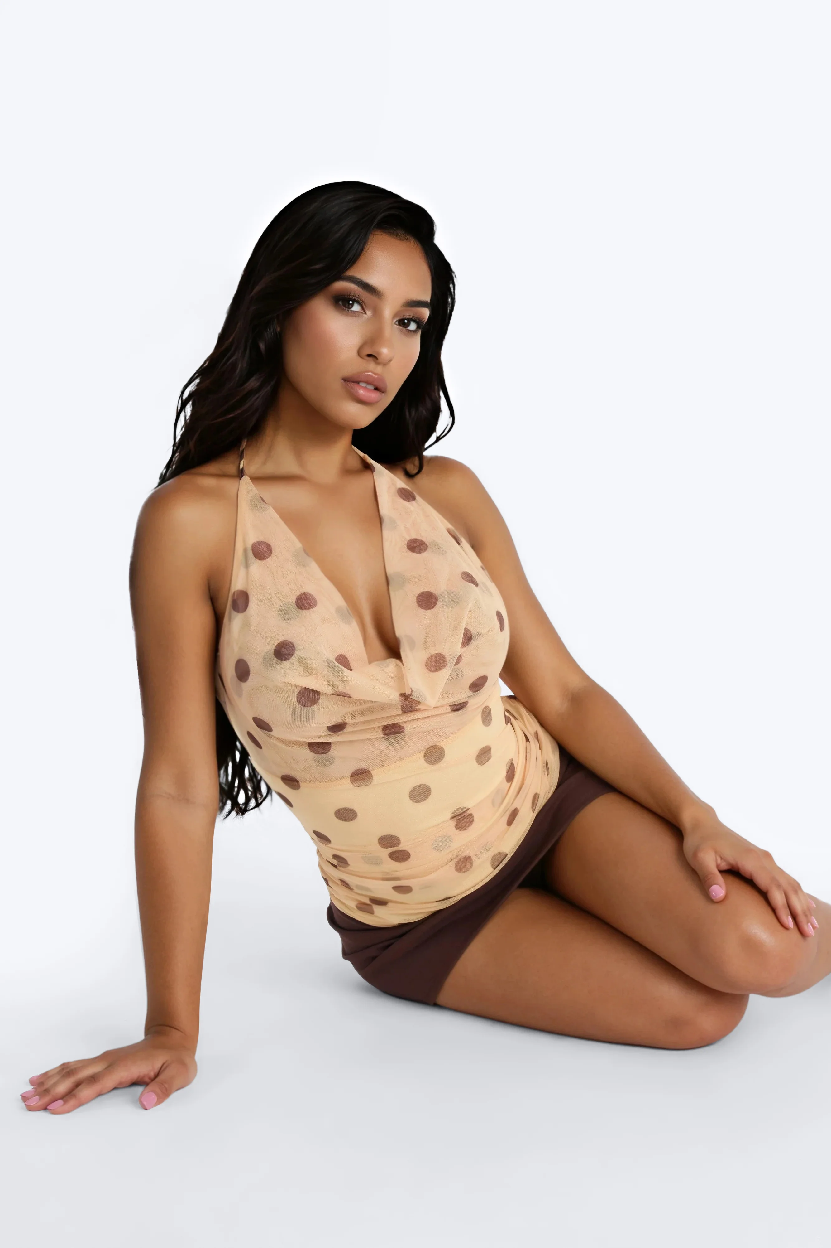 Mina Mesh Polka Dot Cowl Neck Halter Top - Yellow/combo - Image 3