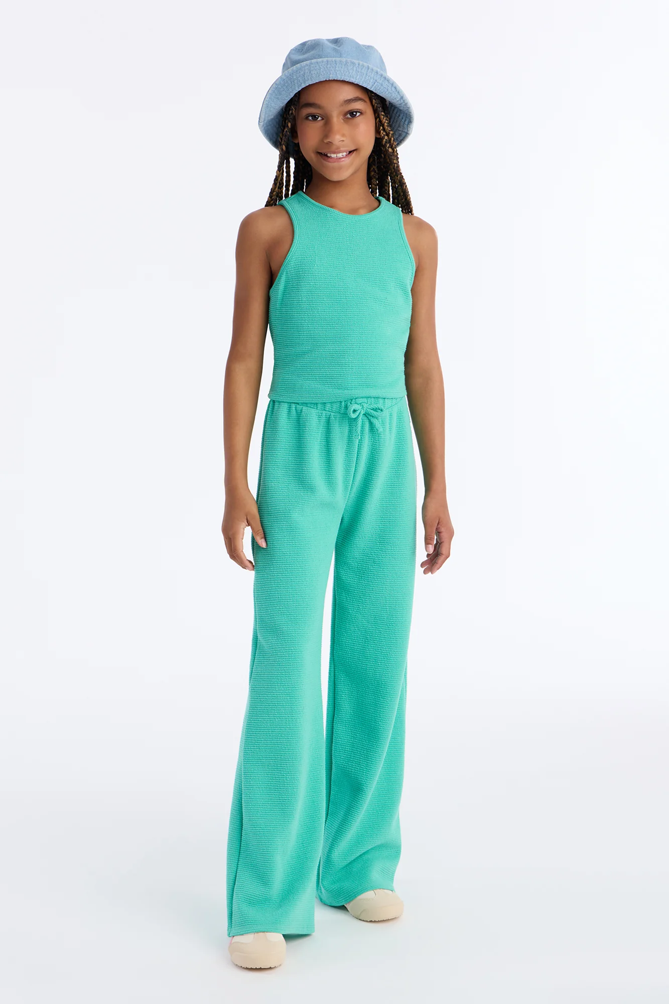 Mini Alana Textured Wide Leg Pant Set - Aqua