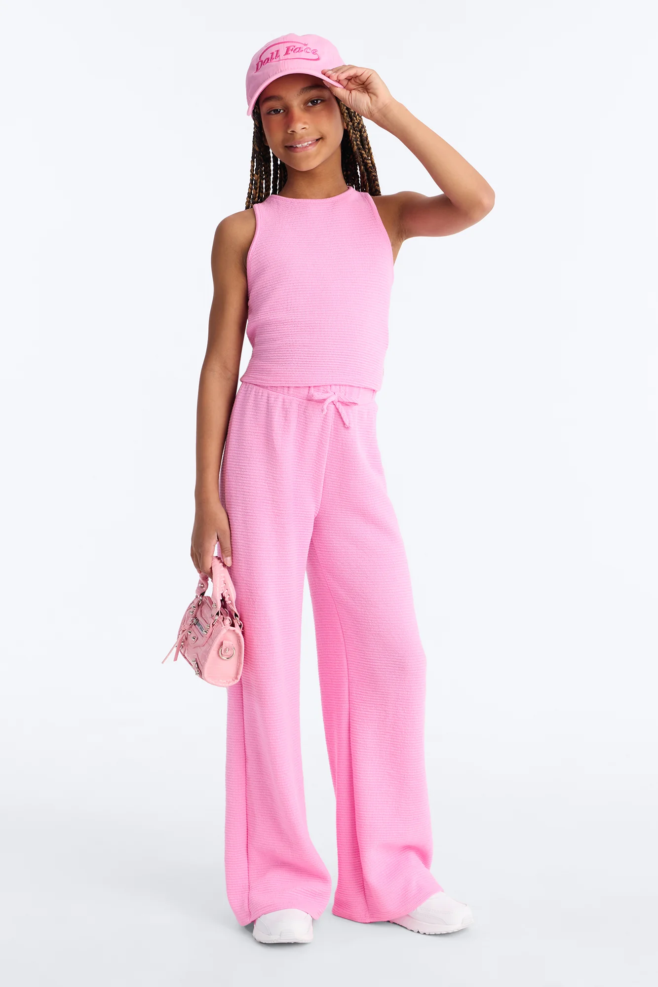 Mini Alana Textured Wide Leg Pant Set - Pink