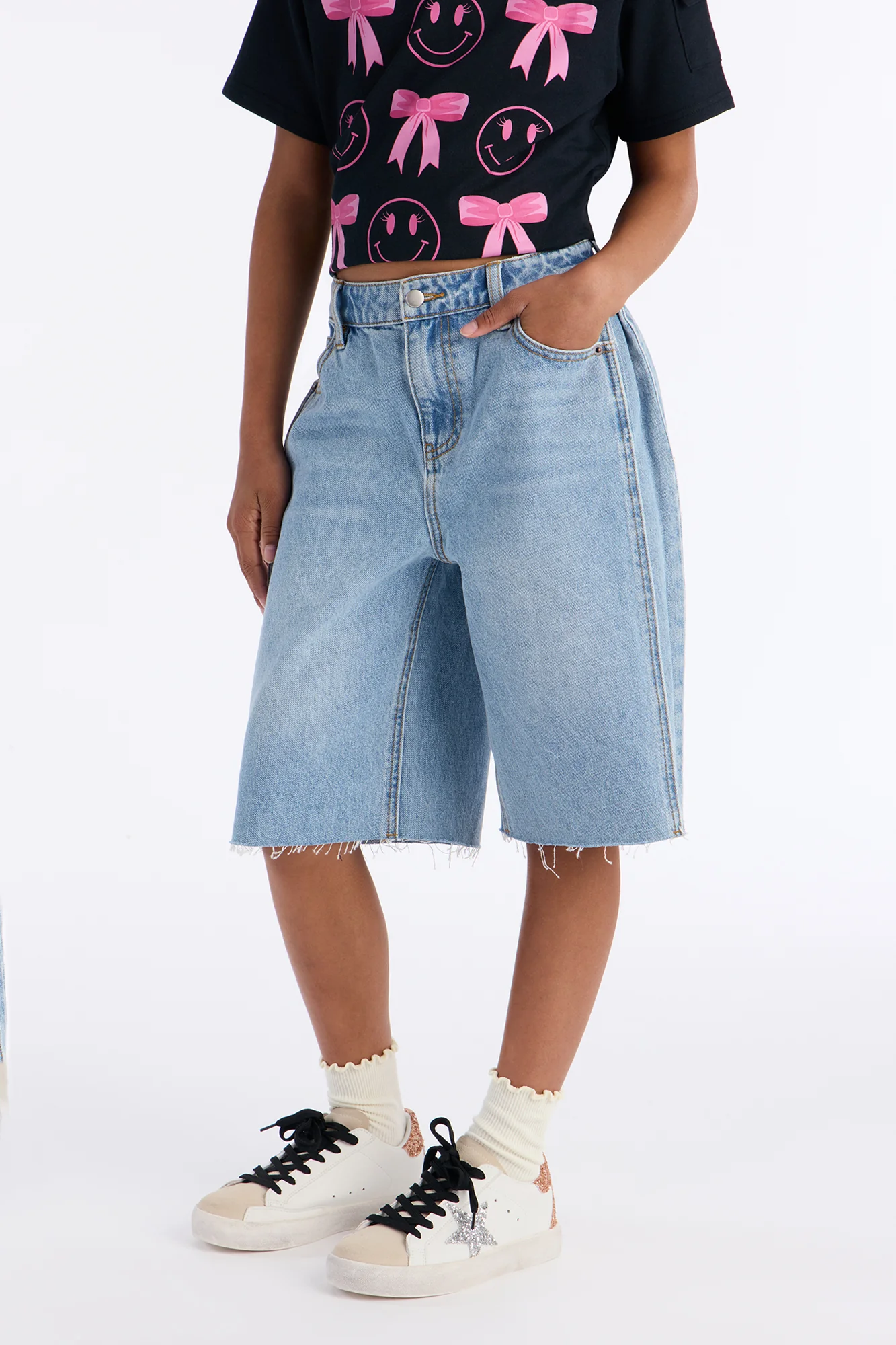 Mini Aleksa Pleated Non Stretch Denim Jorts - Light Wash