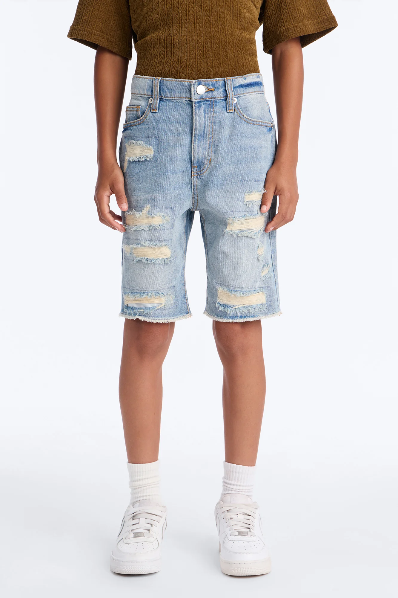 Mini Back To It Distressed Raw Hem Slim Denim Shorts - Light Wash