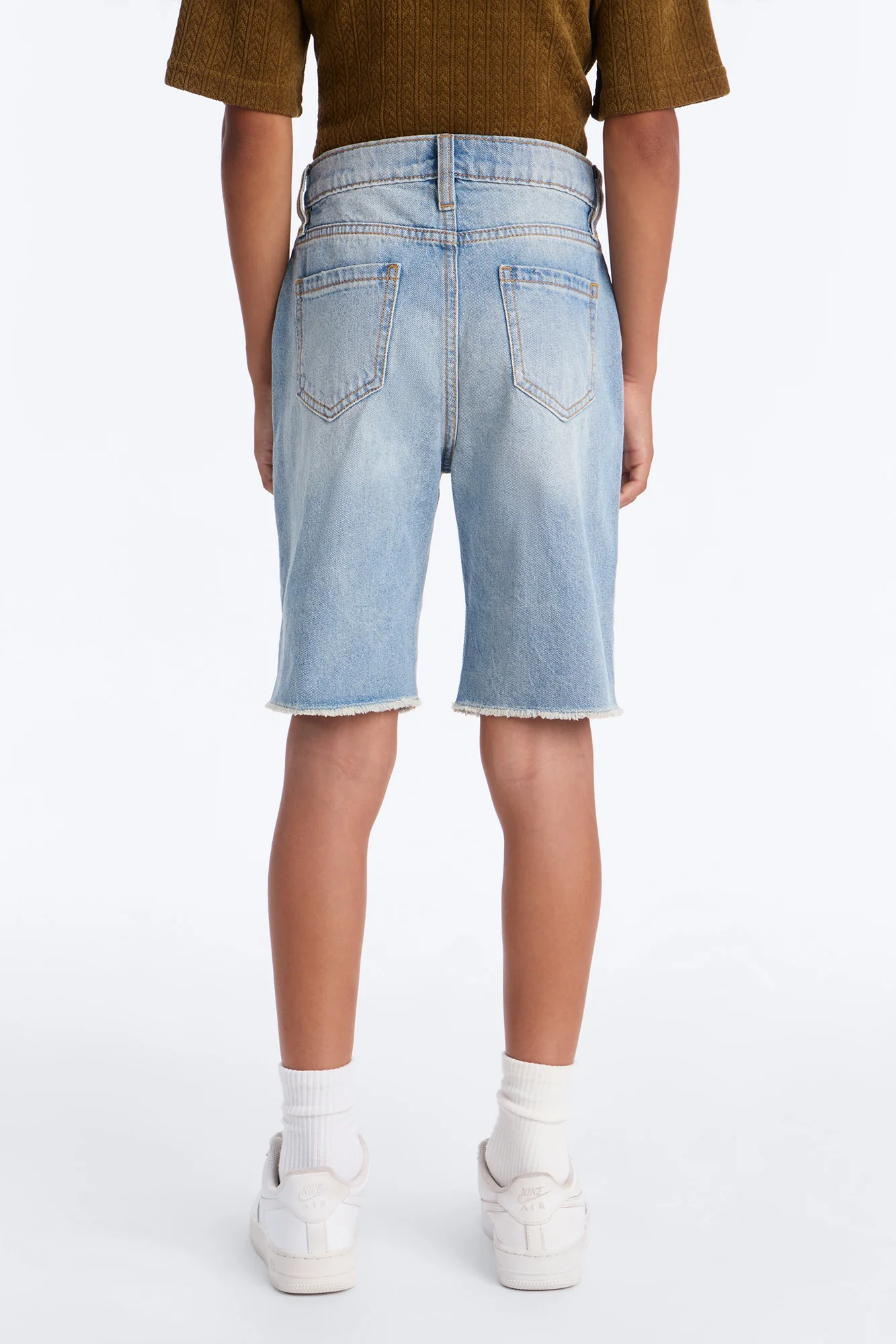 Mini Back To It Distressed Raw Hem Slim Denim Shorts - Light Wash - Image 4
