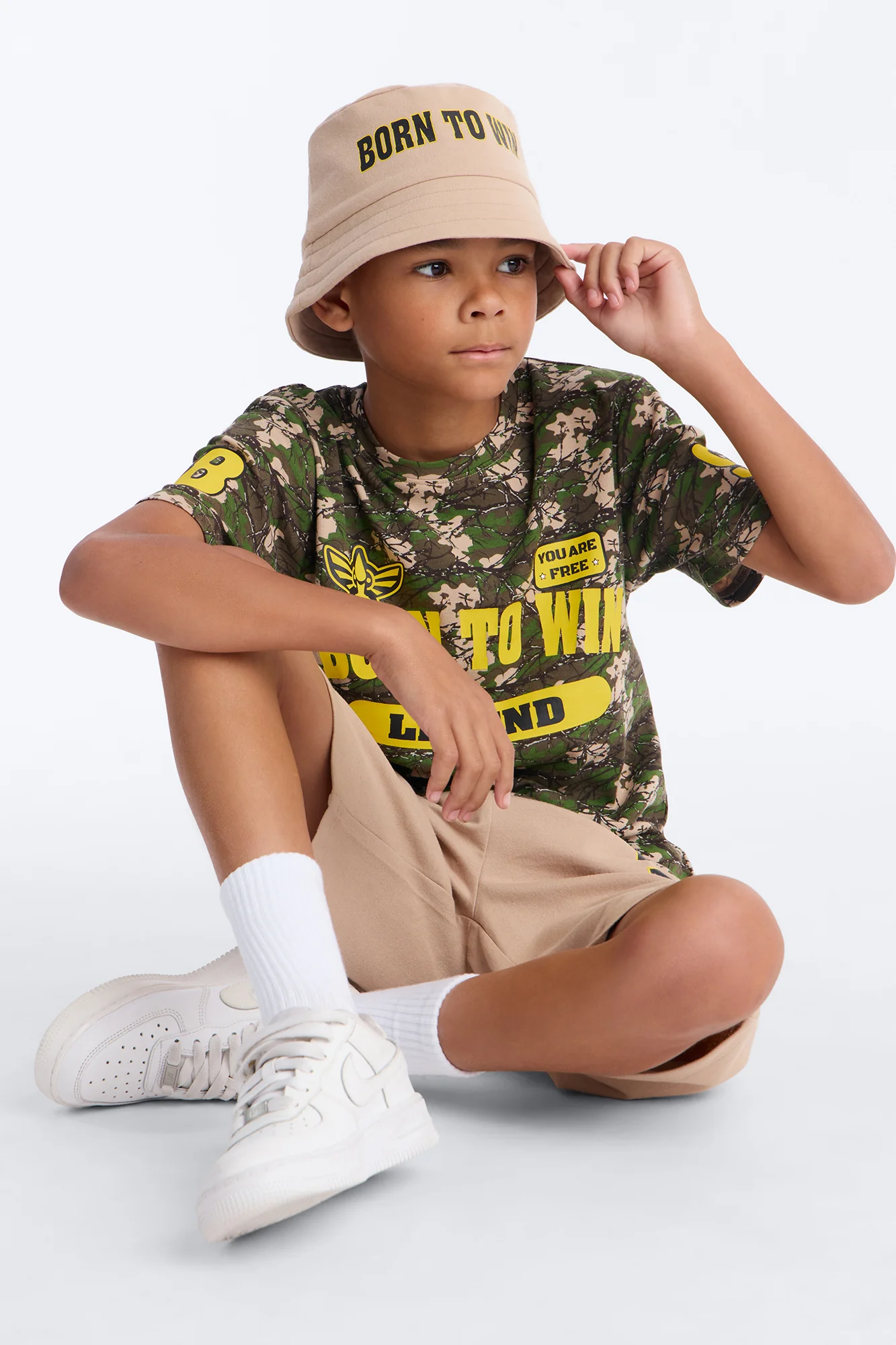 Mini Born To Win Short Set With Bucket Hat - Taupe/combo - Image 4