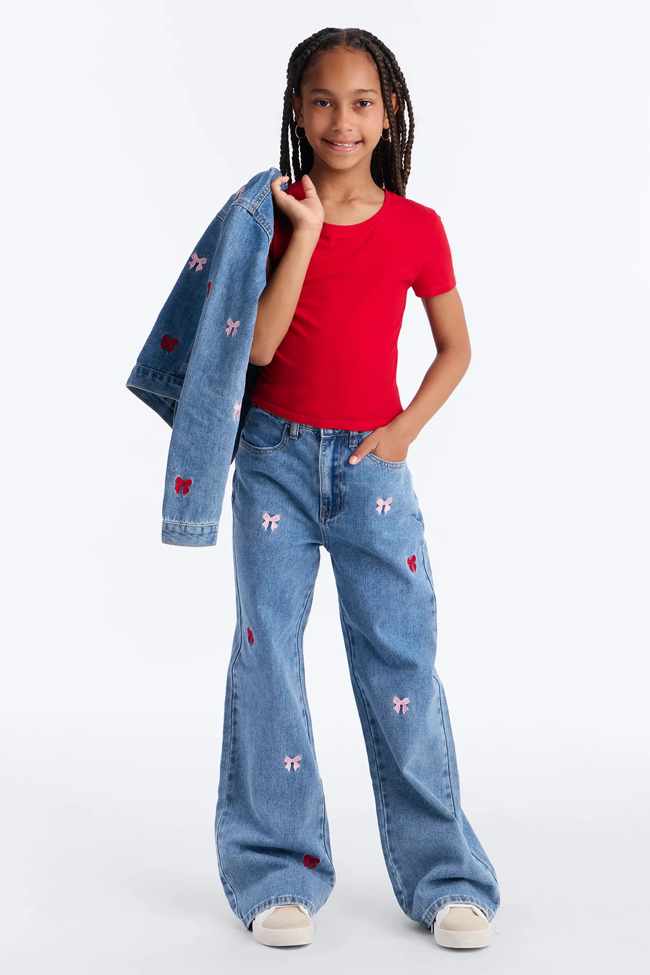 Mini Clara Embroidered Bow Straight Leg Jeans - Light Wash - Image 2