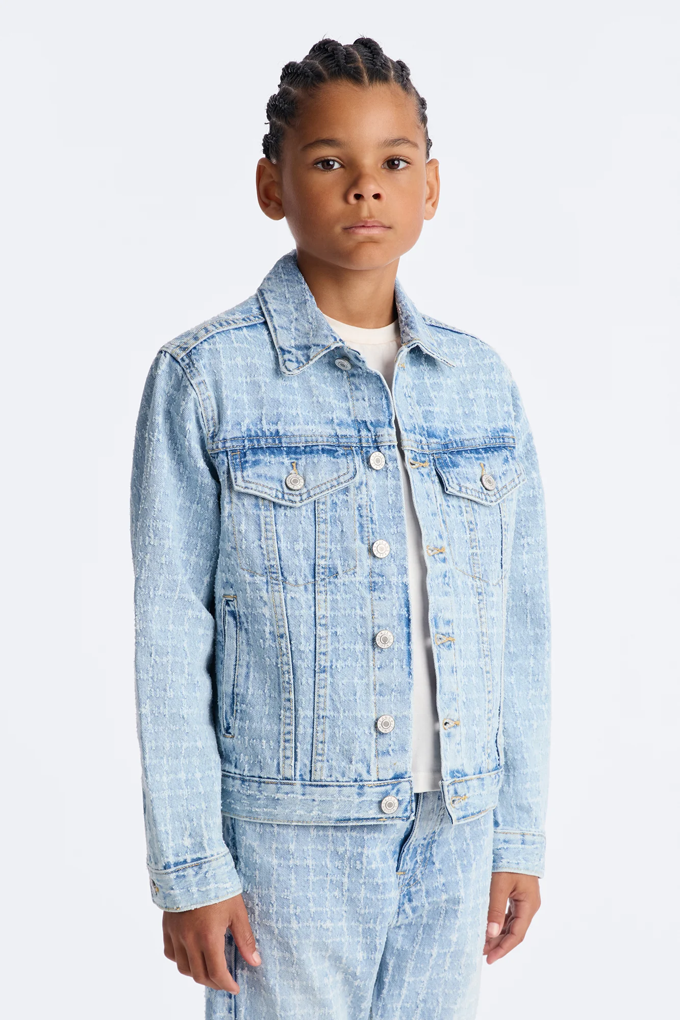 Mini Windowpane Denim Trucker Jacket - Light Wash