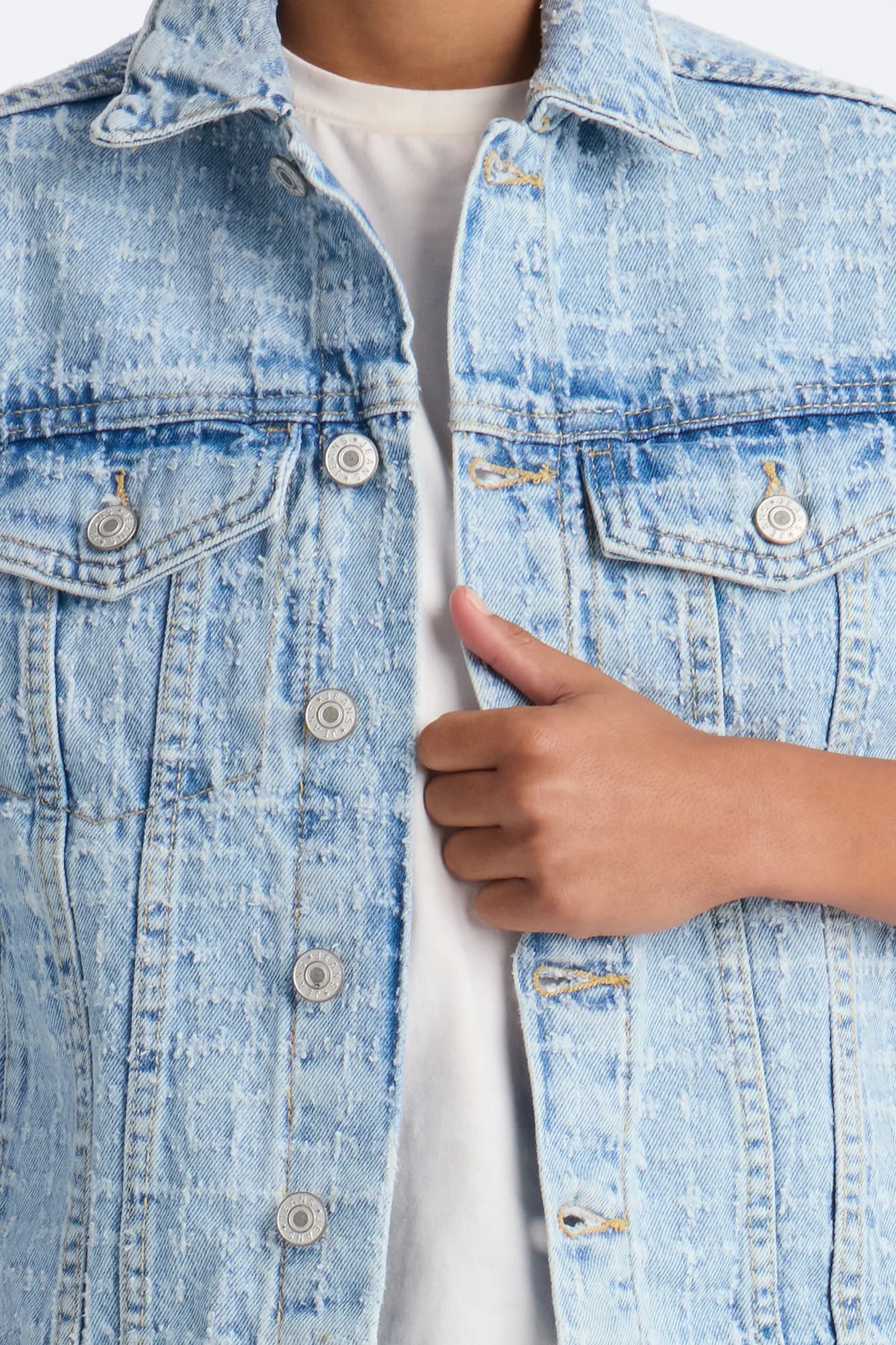 Mini Windowpane Denim Trucker Jacket - Light Wash - Image 3