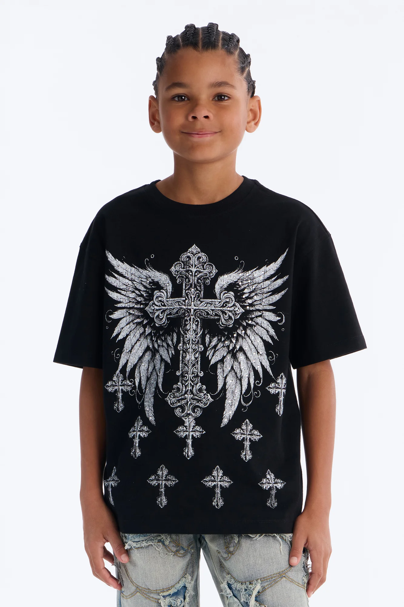 Mini Crosses Forever Rhinestones Oversized Short Sleeve Tee - Black