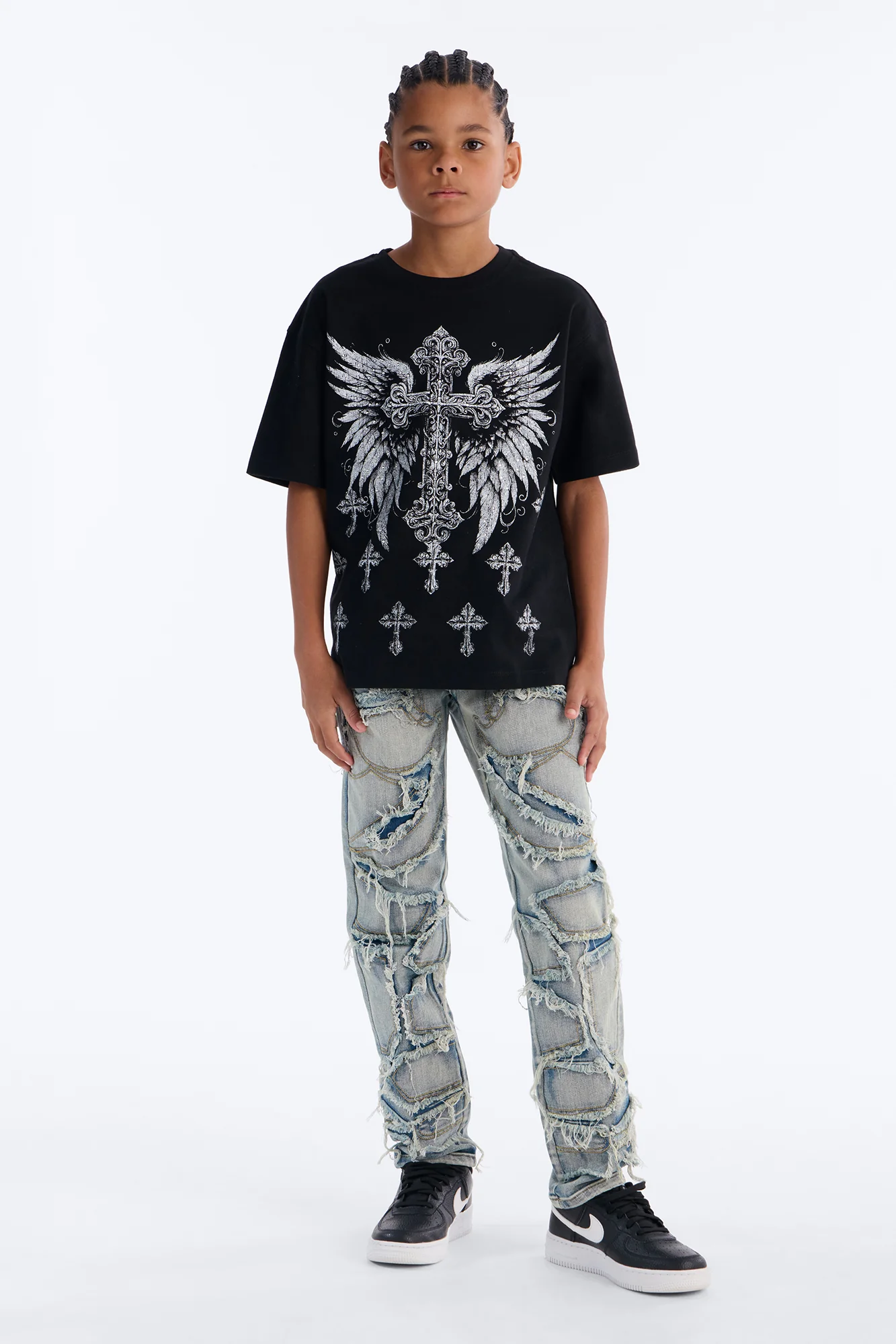 Mini Crosses Forever Rhinestones Oversized Short Sleeve Tee - Black - Image 2