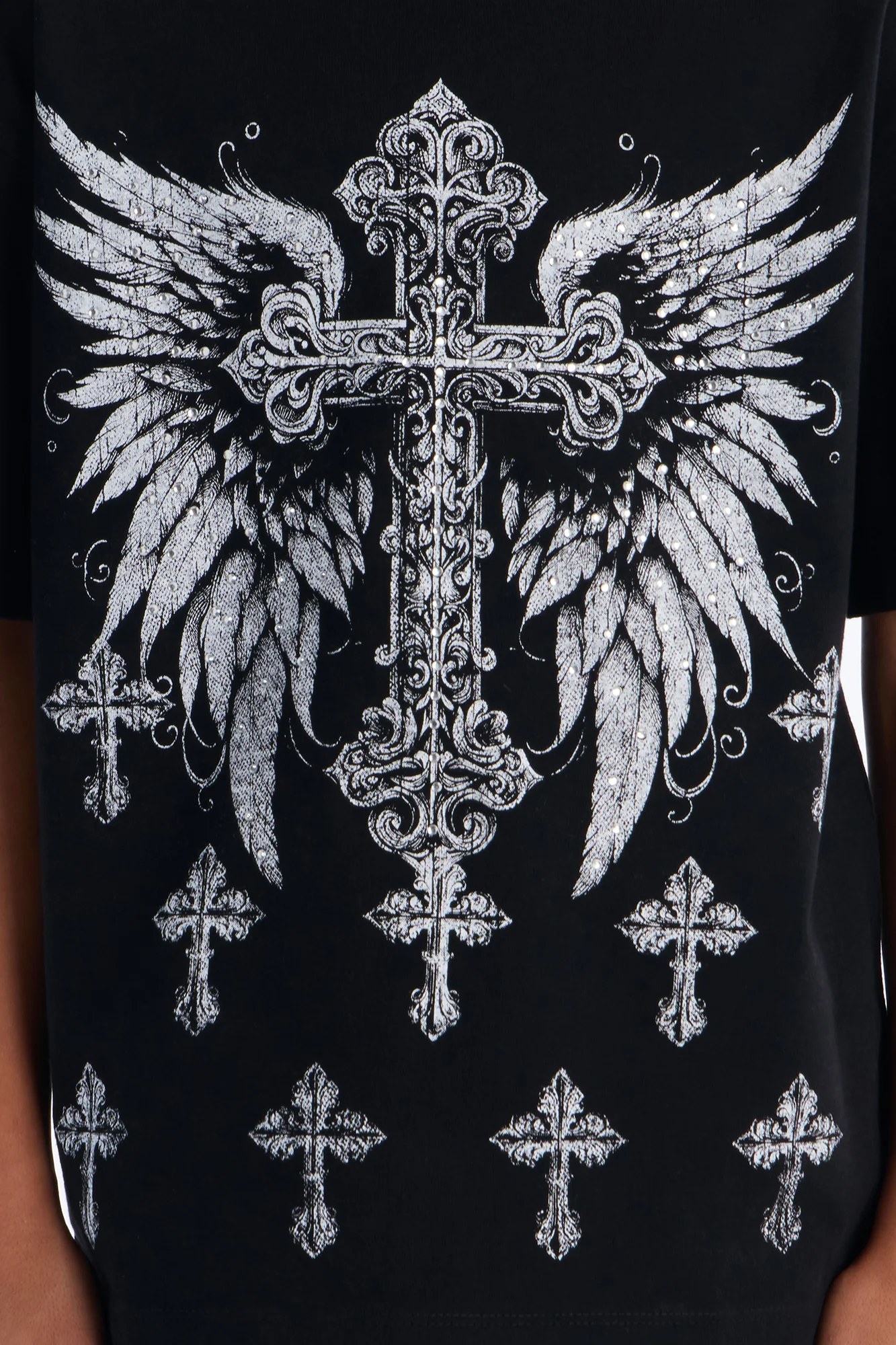 Mini Crosses Forever Rhinestones Oversized Short Sleeve Tee - Black - Image 3
