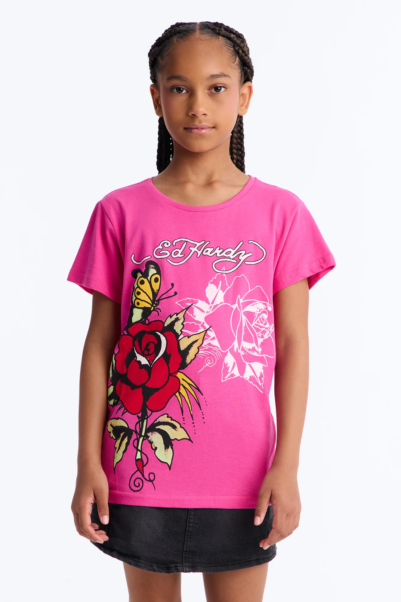 Mini Ed Hardy Beautiful Roses Short Sleeve Tee - Fuchsia