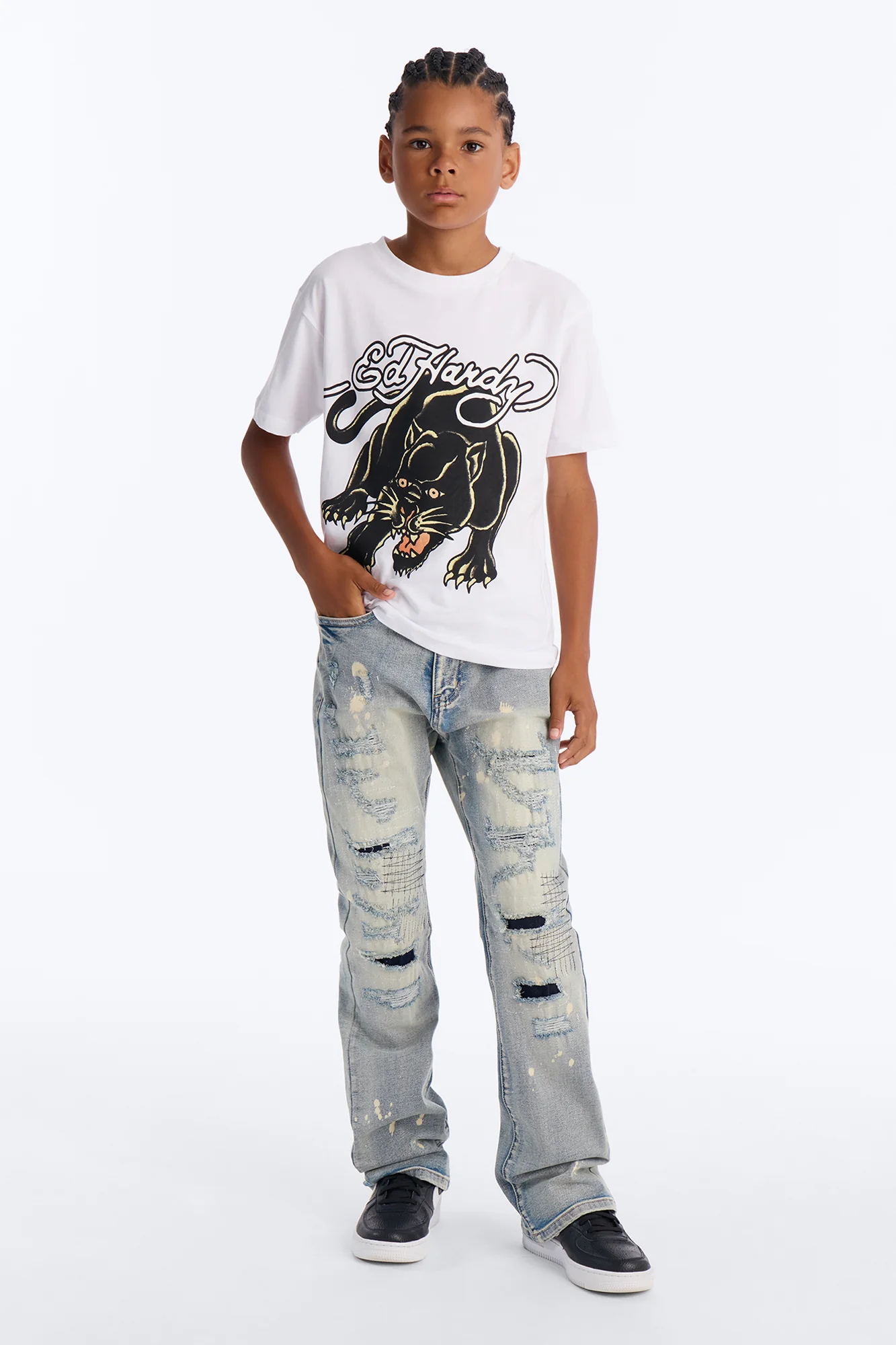 Mini Ed Hardy Bold Panther Front/Back Short Sleeve Tee - White