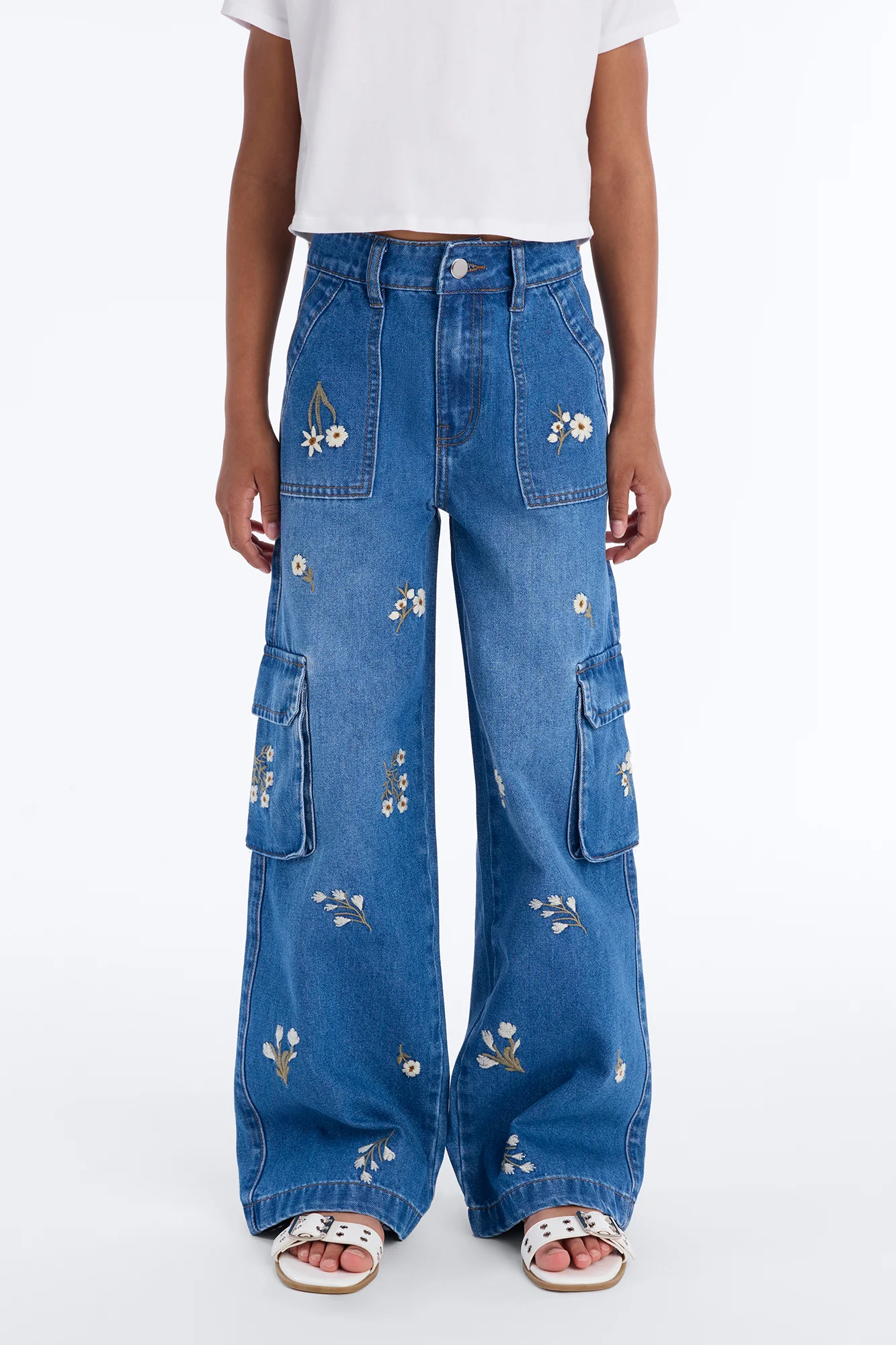 Mini Fab Flowers Cargo Jeans - Medium Wash