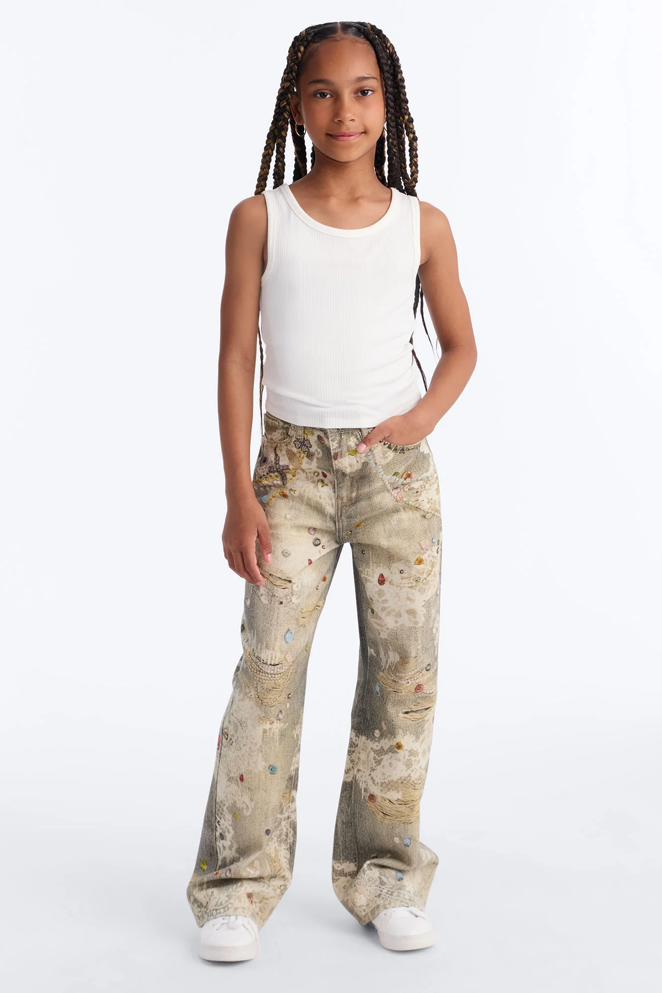 Mini Fancy Pearls Printed Jeans - Multi Color