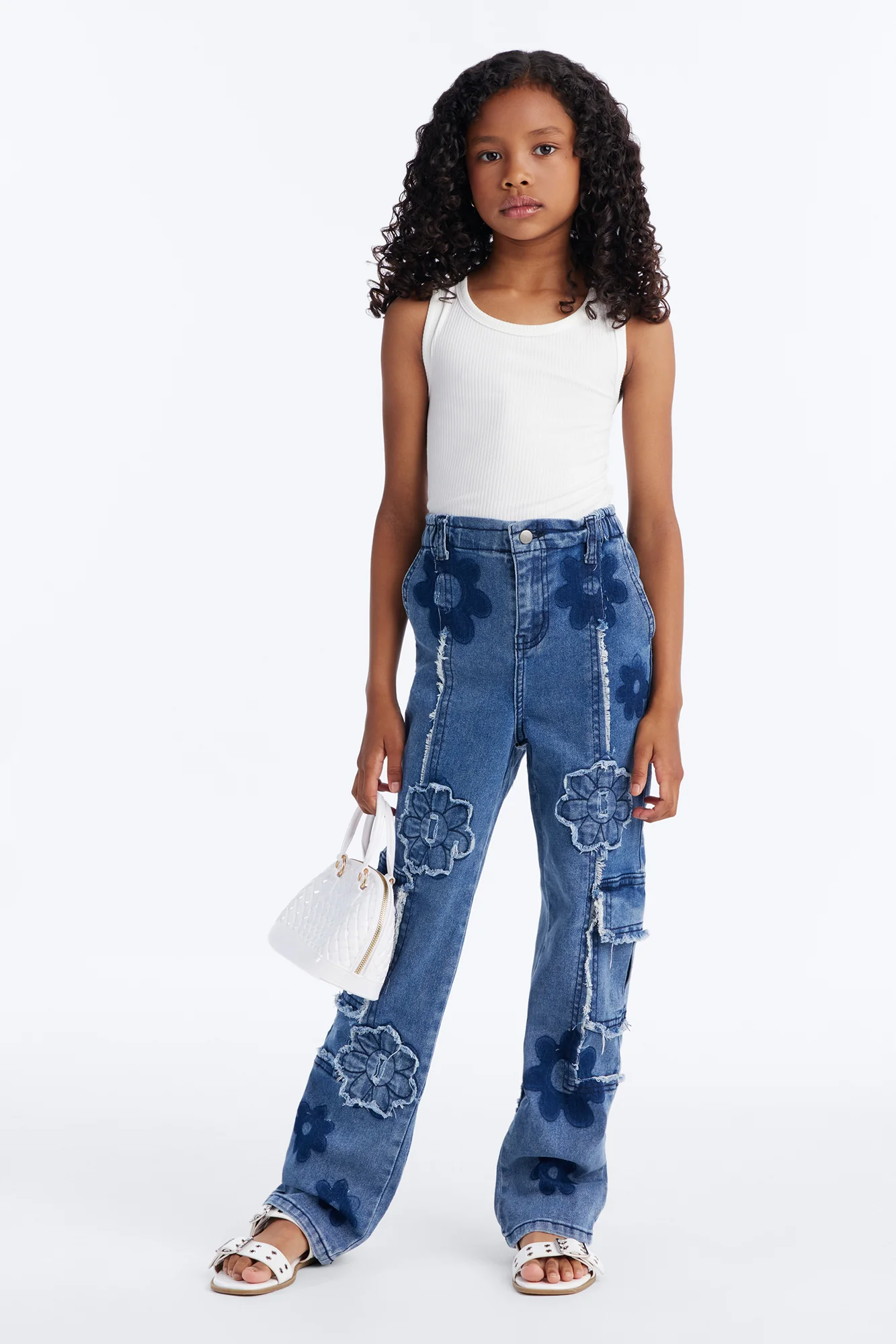 Mini Flower Power Cargo Jeans - Medium Wash