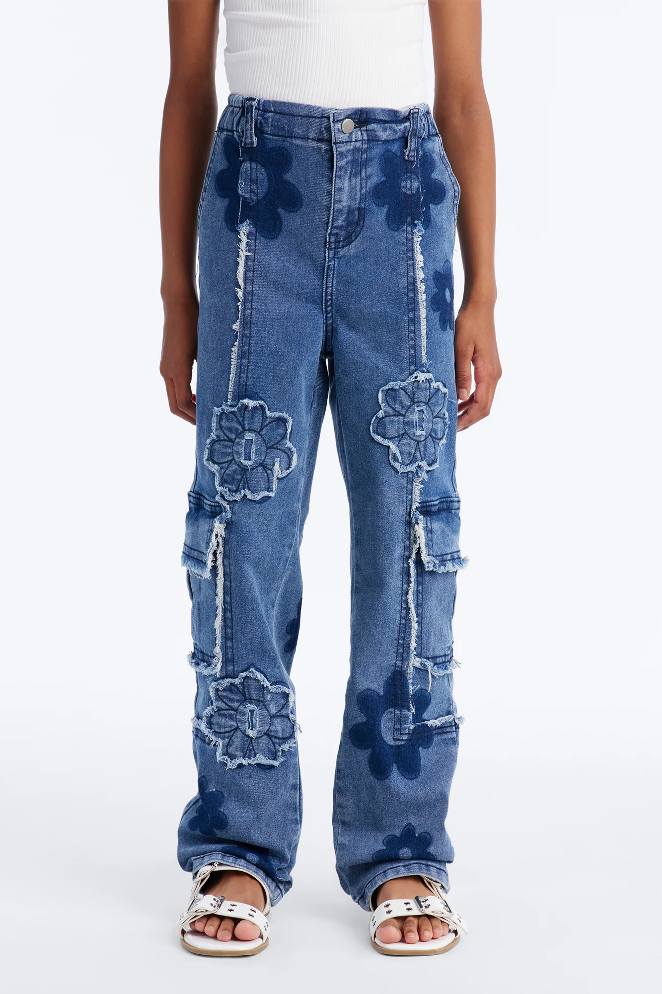 Mini Flower Power Cargo Jeans - Medium Wash - Image 2