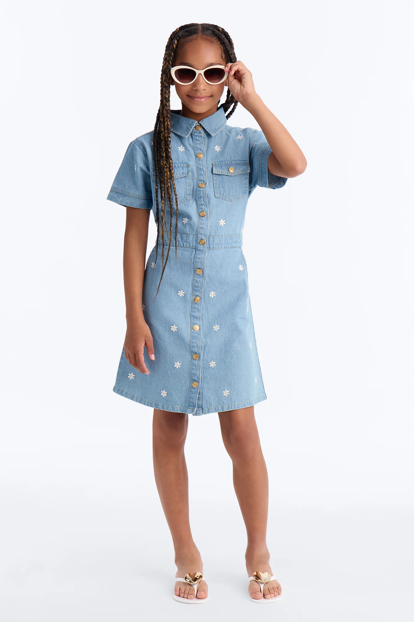 Mini Flowers Everywhere Denim Dress - Light Wash